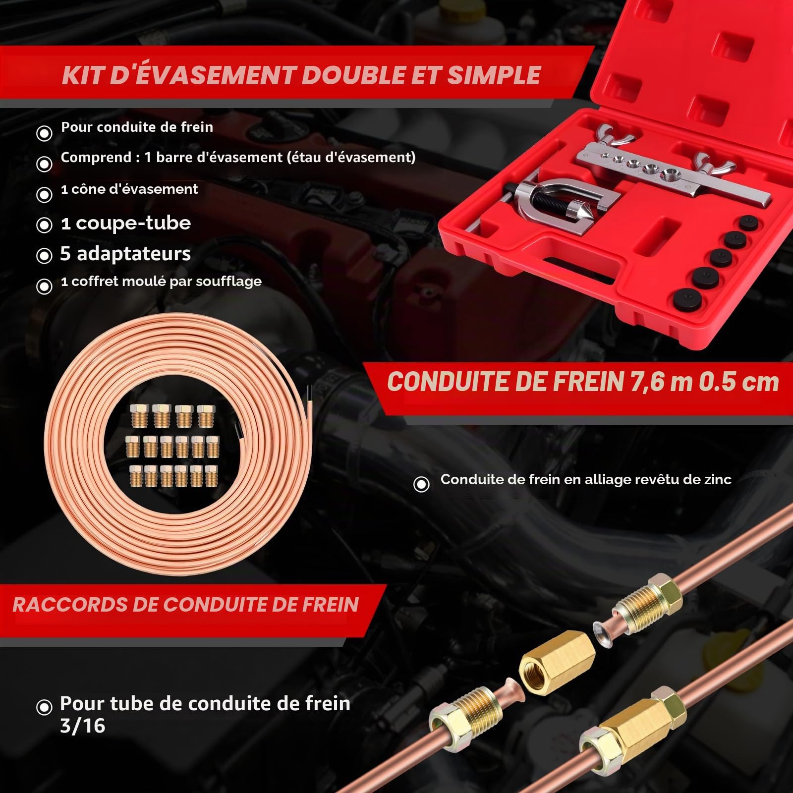 KAOLALI Kit Tuyau Frein Voiture, Ligne Frein en Acier Cuivré 7.6 M, Ø4,75mm, avec 16 Raccords + 4 Connecteurs, 3 en 1 Cintreuse Tube Cuivre, IdéAl pour Les SystèMes De Freinage Hydrauliques De Voiture