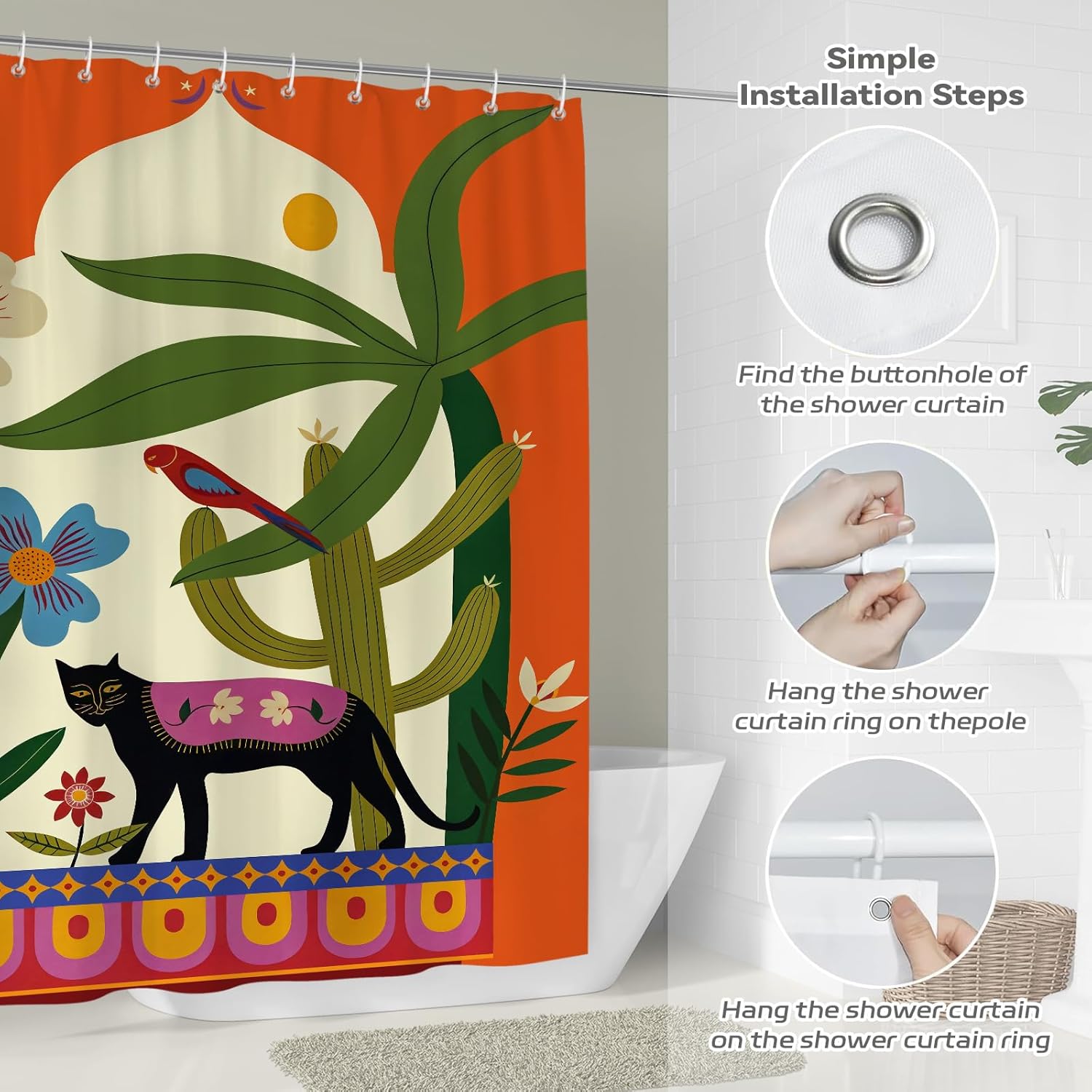 Orange Boho Shower Curtain,Mid-Century Modern Botanical Floral Black Cat and Bird Waterproof Polyester Bath Curtain with 12 Hooks, Whimsical Animal Plant Art Bathroom Decor,72x72 Inch