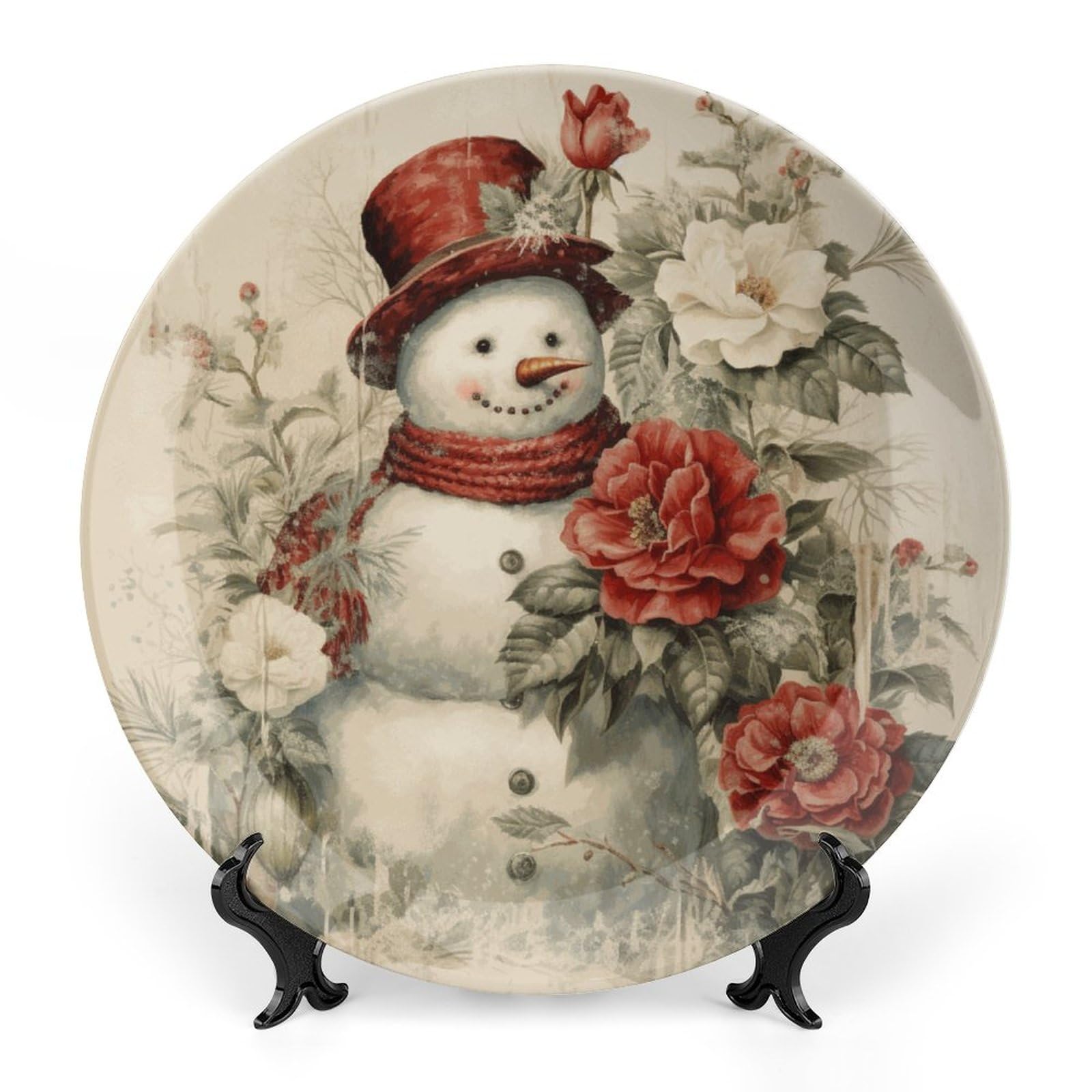 Christmas Decorative Plates, Snowman with Red & White Floral Vintage Painting Display Plate for Home Office Kitchen Table Decor, Porcelain Plates Xmas