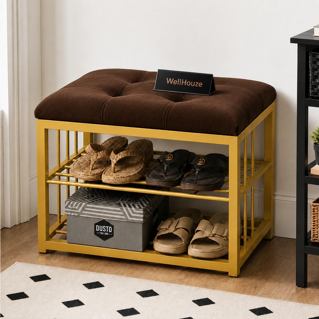 Modern Shoe Rack: Space-Saving Wrought Iron Shoe Rack for The Living Room, Bedroom, and Hallway, Covered Velvet with Cushioned Seat for Setting (Brown)-image-48