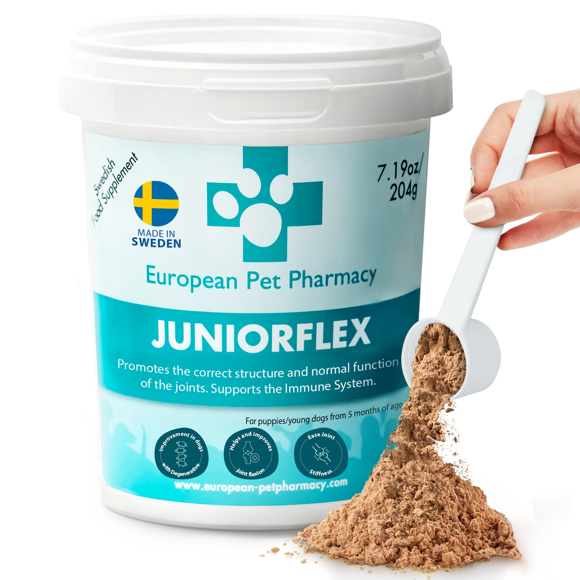 European Pet Pharmacy JUNIORFLEX 204g Powder â Puppy Supplements â Young Dog Pain Relief Anti Inflammatory, Vitamin C, Green Lipped Mussel Joint Supplements for Dogs, Ages 4-18 months