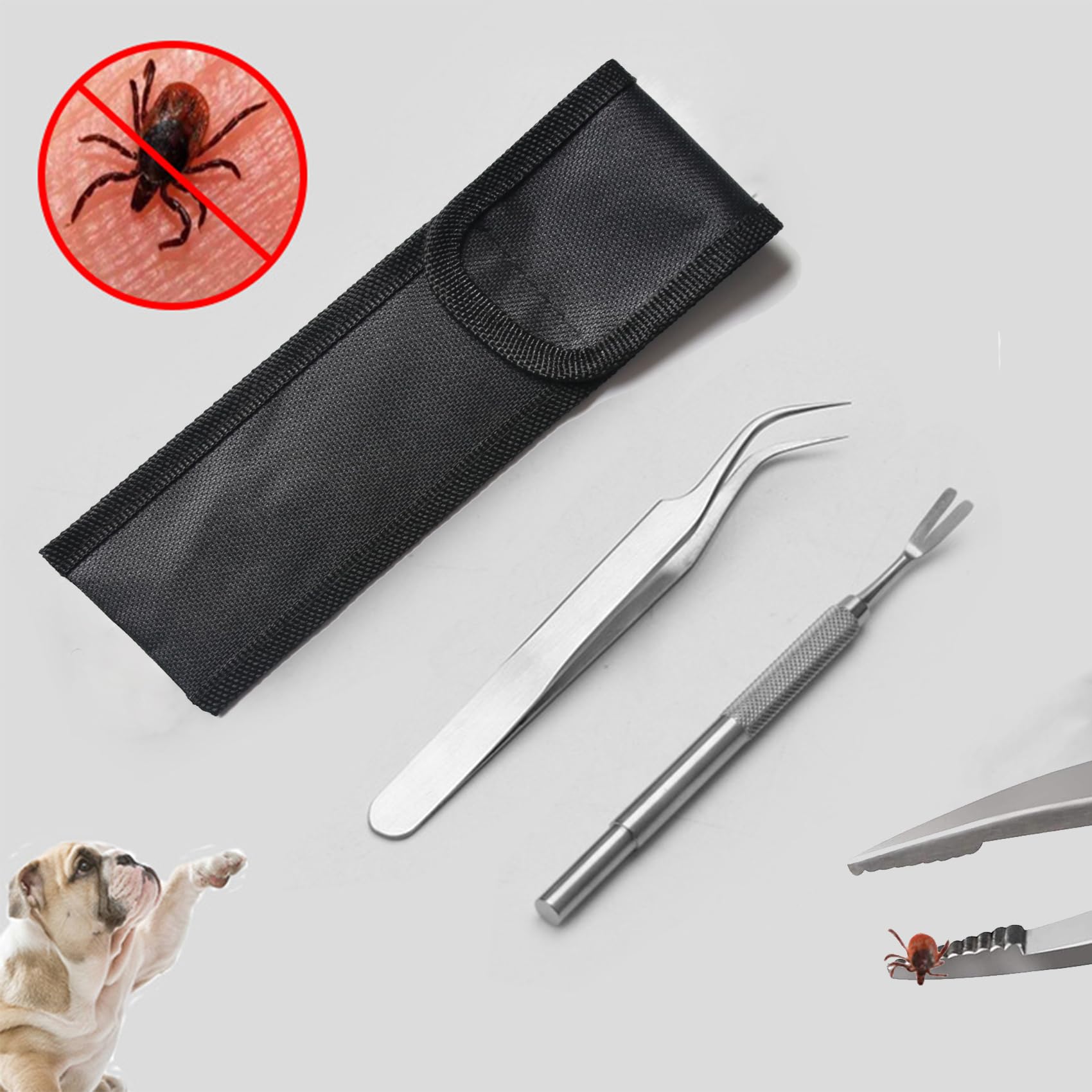 3 Pièces Pince à Tiques, Tire Tique pour Chiens, Chats et Humains, Professionnelle Crochet à Tiques, Tiques Ensemble en Acier Inoxydable avec Sac de Rangement