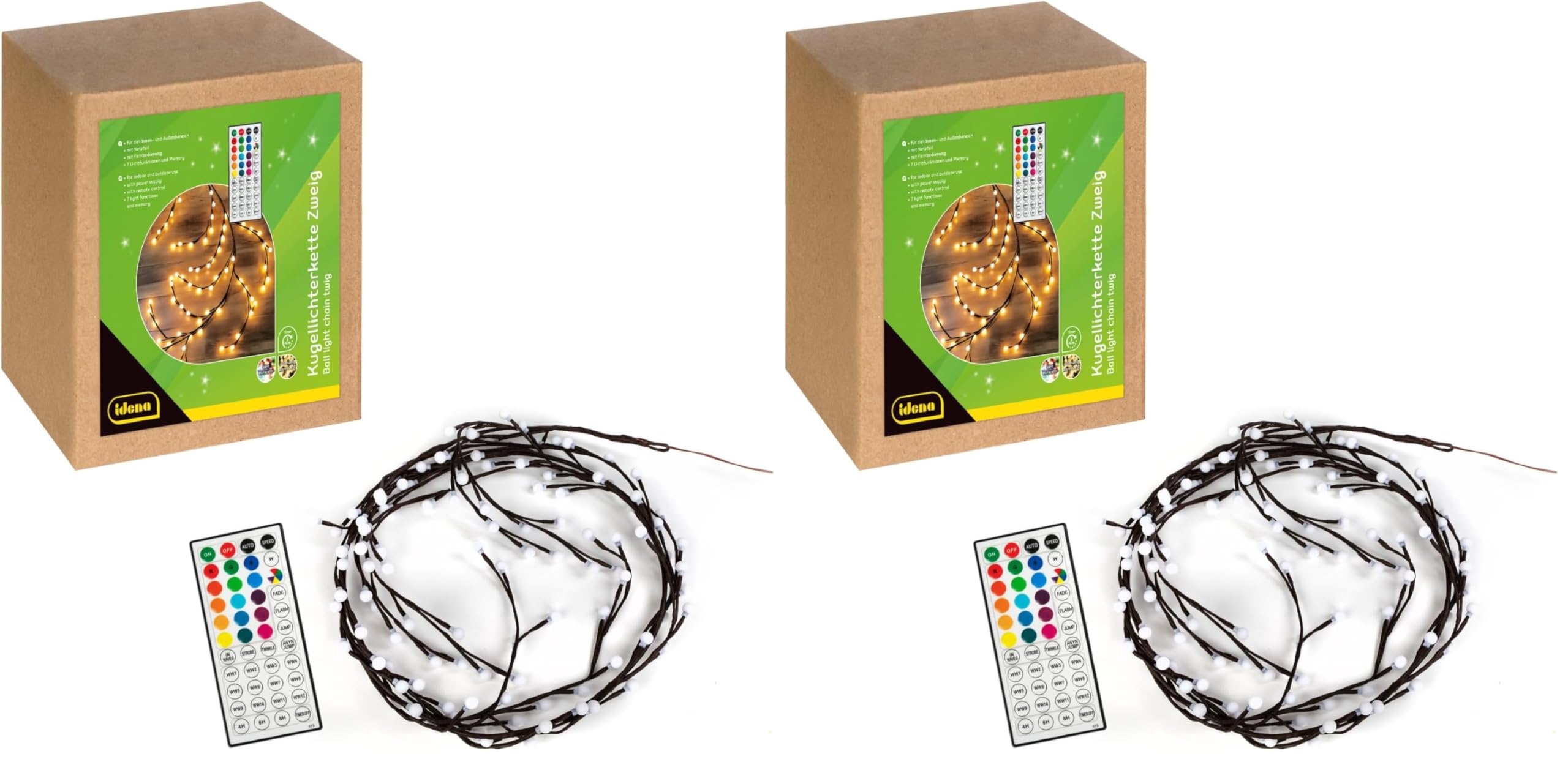 Idena 30522 - LED Zweige, Lichterkette mit 120 RGB LED in 16 Lichtfarben, Deko für Außen & Innen, ca. 2 m groß, 3 Timer Modi & 7 Lichtfunktionen, als Wanddeko und Lichterbaum (Packung mit 2)
