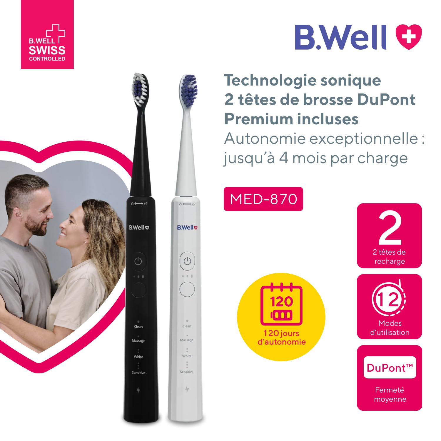 B.Well MED-870 Brosse à dents sonic - Adultes 12 modes autonomie 4 mois | Qualité suisse: 4 modes avec 3 intensités, minuteur intelligent, mémoire du mode & étanchéité IPX7, Noire