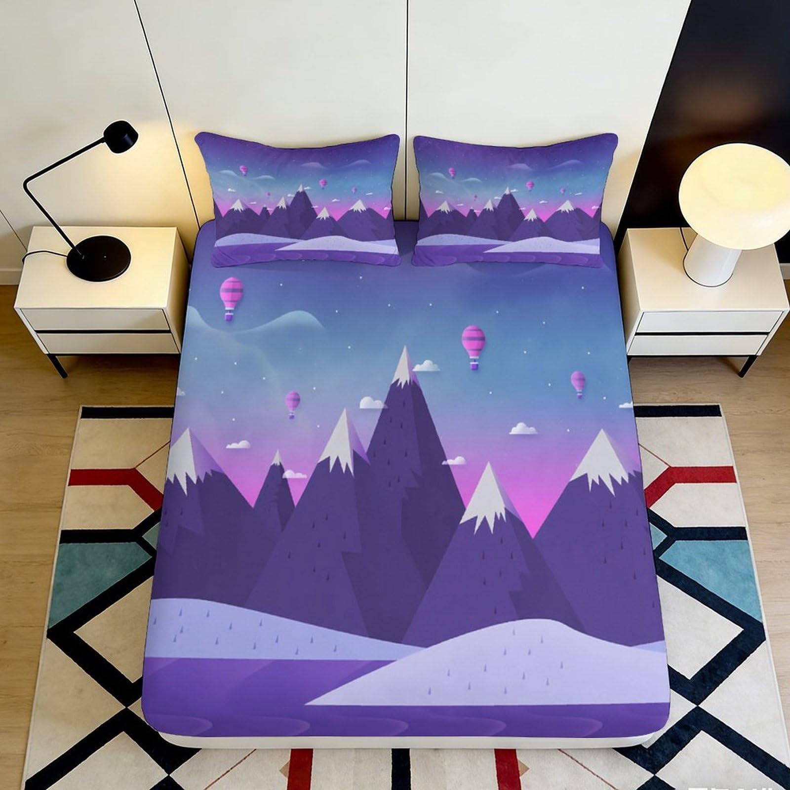 3D Printed Purple Mountain Landscape Fitted Sheet Microfiber Soft Breathable Night Sky Bed Cover for Bedroom Dormitory Guest Room Mattress Protection 180x200x25cm