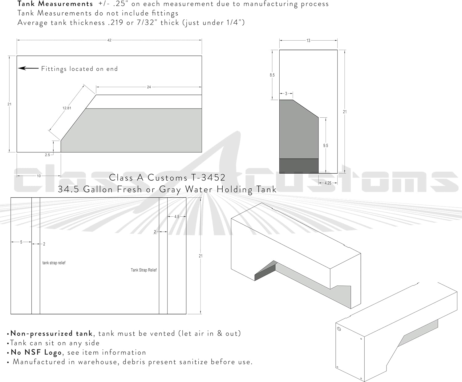 Class A Customs T-3452 | 34 Gallon RV Concession Fresh and Gray Water Holding Tank | Sprinter Cargo RV and Camper | T-3452