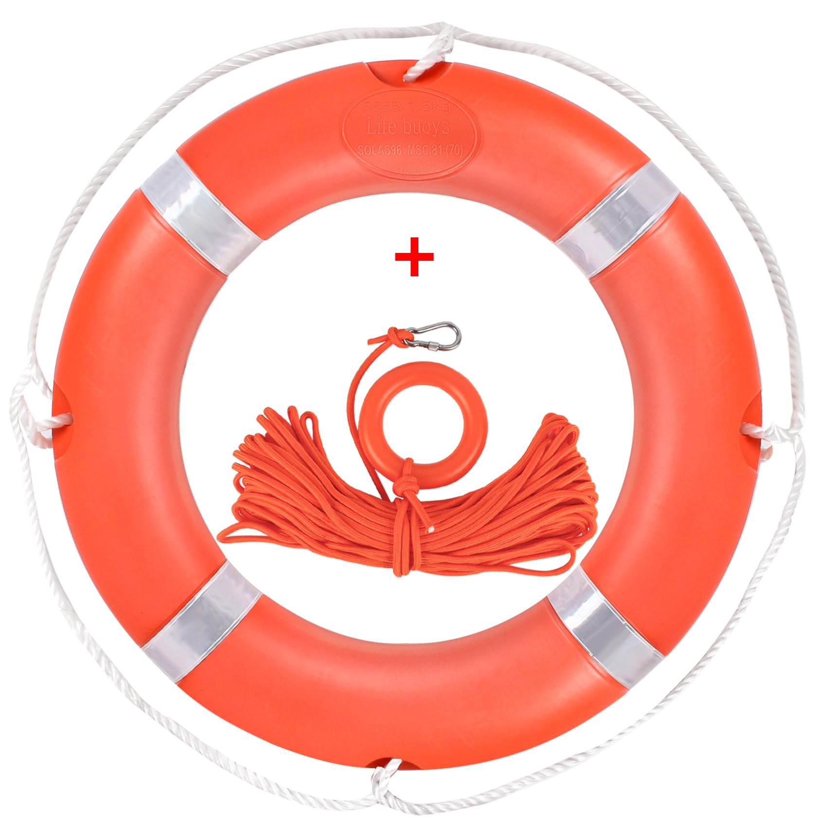 Life Preserver Ring, 23 Inch Life Ring Boat Safety Throw Rings Orange, Pool Life Ring with Rope 98.5 FT Water Floating Lifesaving Rope and Reflective Tape for Boat