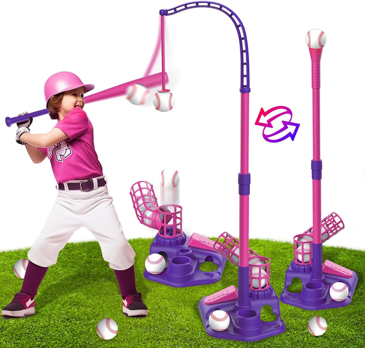 VATOS 3-in-1 T Ball Sets for Kids, Teeball Toy Sets with 6pcs Baseballs, T Ball Stand, Hanging Tee, Auto Launcher, Retractable Bat?Indoor Outdoor Sports Toys Gifts for Boys Girls Age 3-8 Year Old