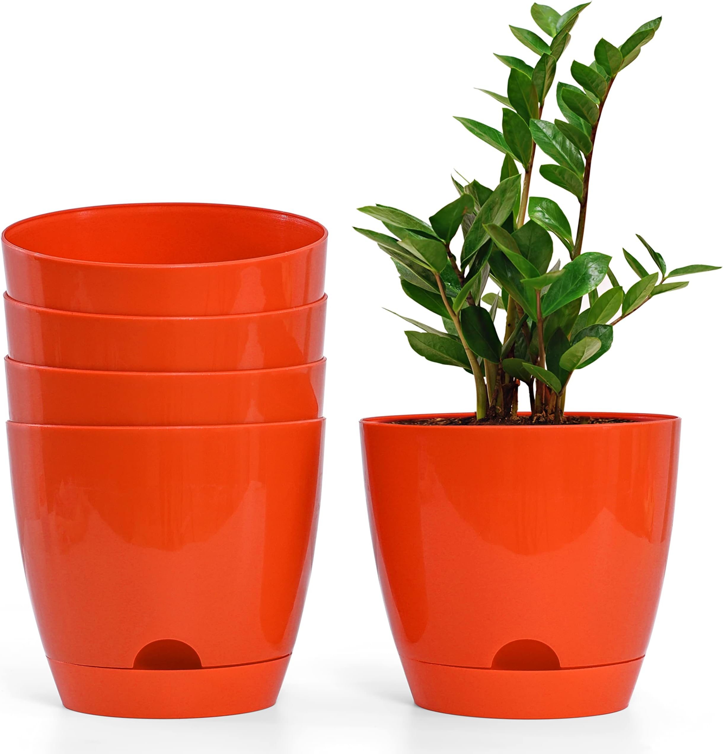 Livzing 5.5" Self Watering Planter Flower Pot with Drainage Hole - Indoor Outdoor Planter Pots for Balcony Home Garden - Modern Plant Pot - Virgin Plastic Flower Pots - Orange (Pack of 5)
