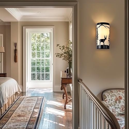 Miniatura 8 de Juego de dos apliques de pared, apliques de pared rústicos de pergamino blanco crema de ciervo, lámpara de pared negra de granja, lámparas de pared