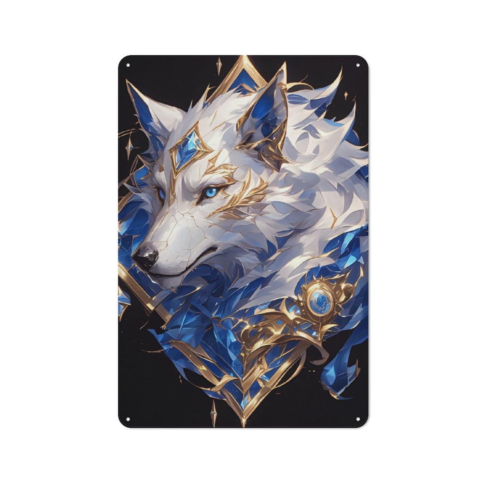 Junmoney Style-14 White Wolf With Blue And Gold Accents Vintage Tin Sign 30X20cm, Vintage Diner Style Decor For Kitchen, Cafe, Pantry Or Dining Room