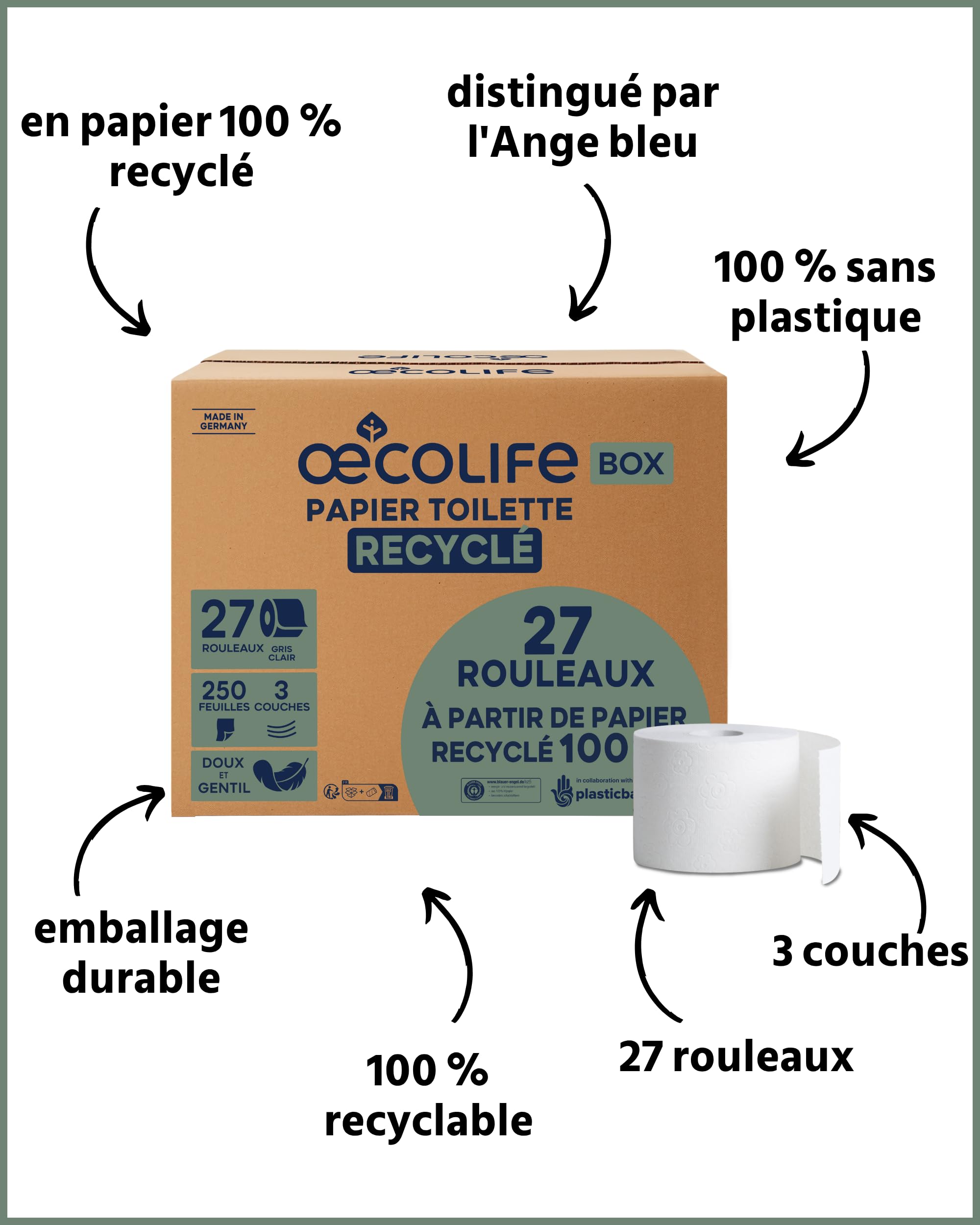 œcolife papier toilette recyclé, 3 couches, 27 rouleaux x 250 feuilles, emballage en vrac, super doux, sans plastique, papier hygiénique, végétalien, papier toilette durable