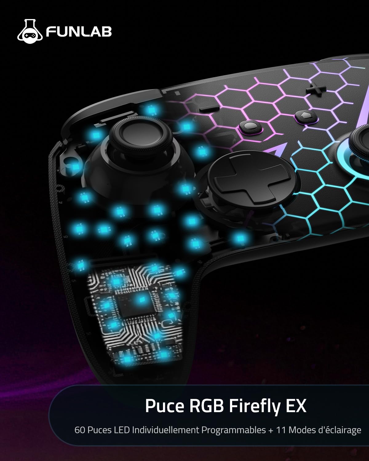 Funlab Manette Switch 2 Pro pour Switch2/OLED, Manette Switch 2 Sans Fil à Effet Hall avec Réveil Instantané, Firefly Bluetooth Pro Controller avec 7 Couleurs LED/Boutons Arrière/Turbo - Noir