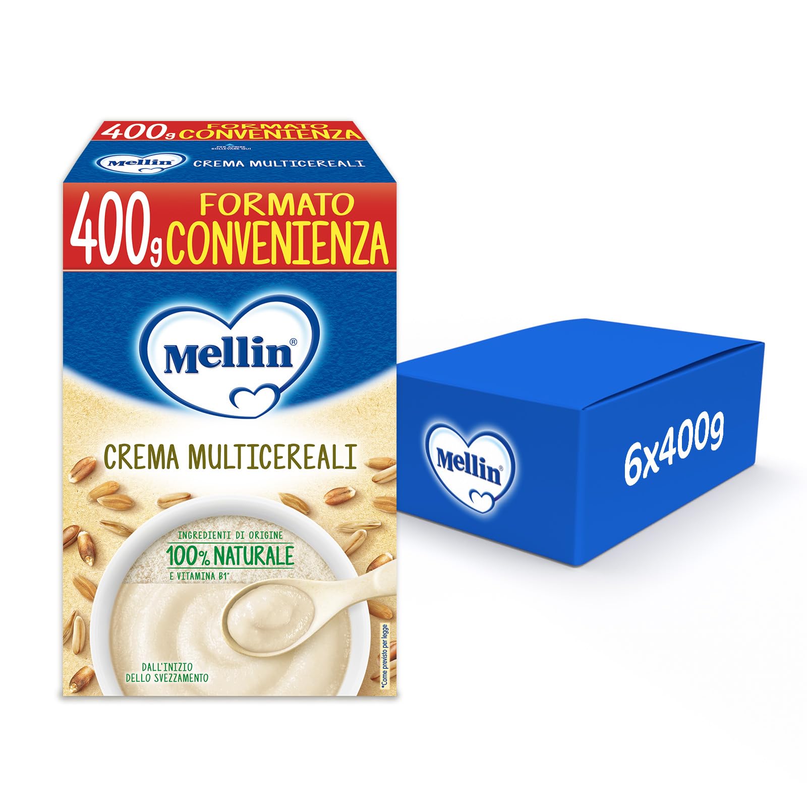 Mellin - Crema Multicereali - Alimento con Vitamina B1, per Bambini dal 4° Mese Compiuto - 6 Confezioni da 400gr (Totale 2400gr)