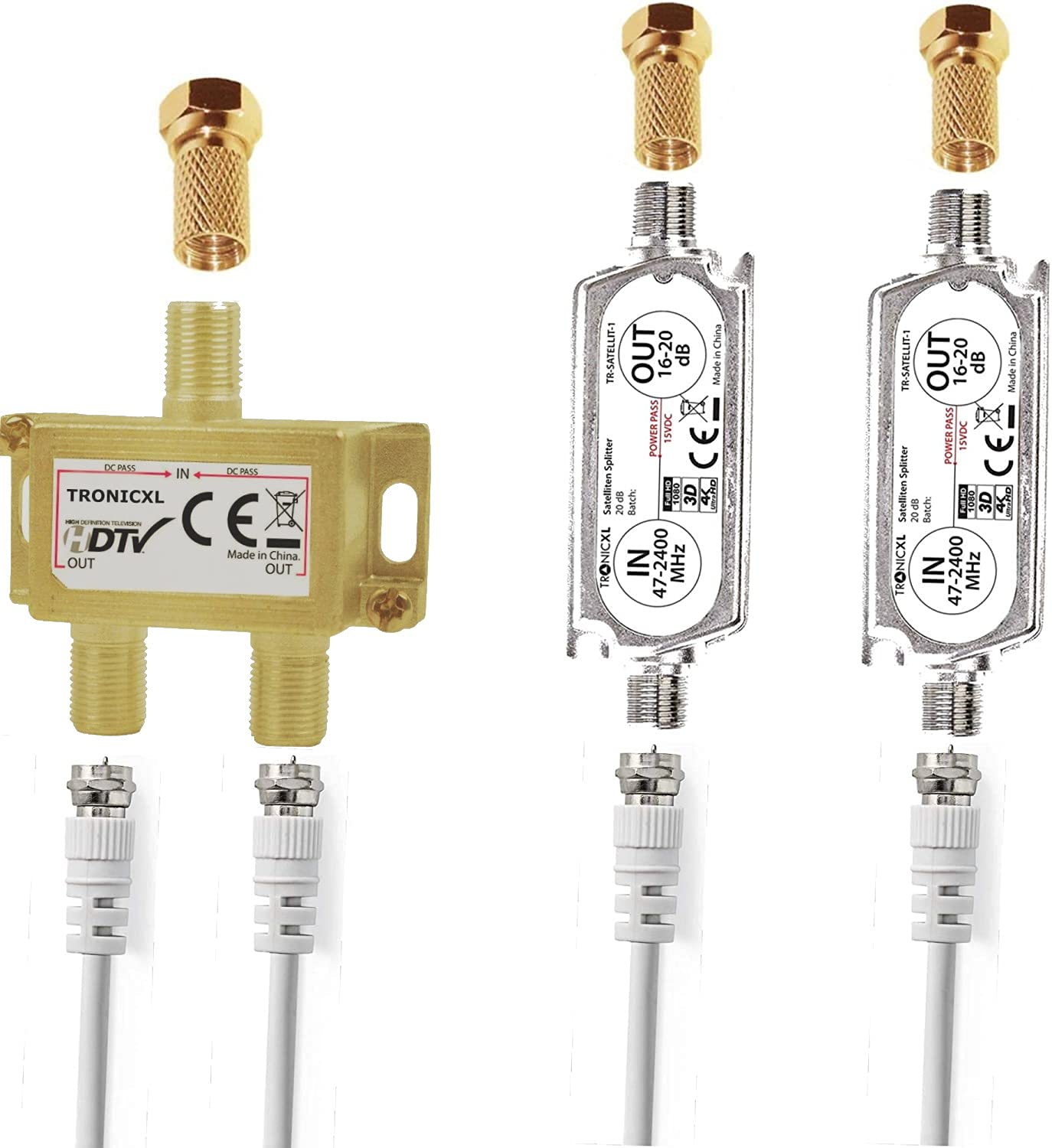 TronicXL Premium 2-Fach Antennenverteiler Splitter mit 40dB (2 x 20dB) Sat Verstärker digital HD I für Satellit TV DVBT DVBS Unicable 3D 4K HDTV I Verteiler Weiche Inline für 2 Fernseher