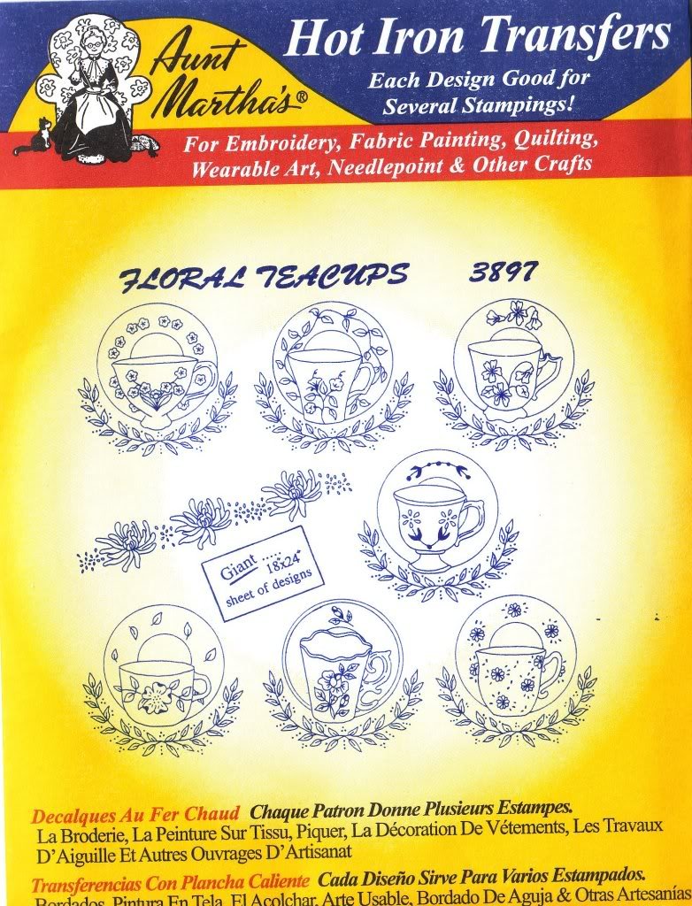 Floral Teacups Aunt Martha's Hot Iron Embroidery Transfer