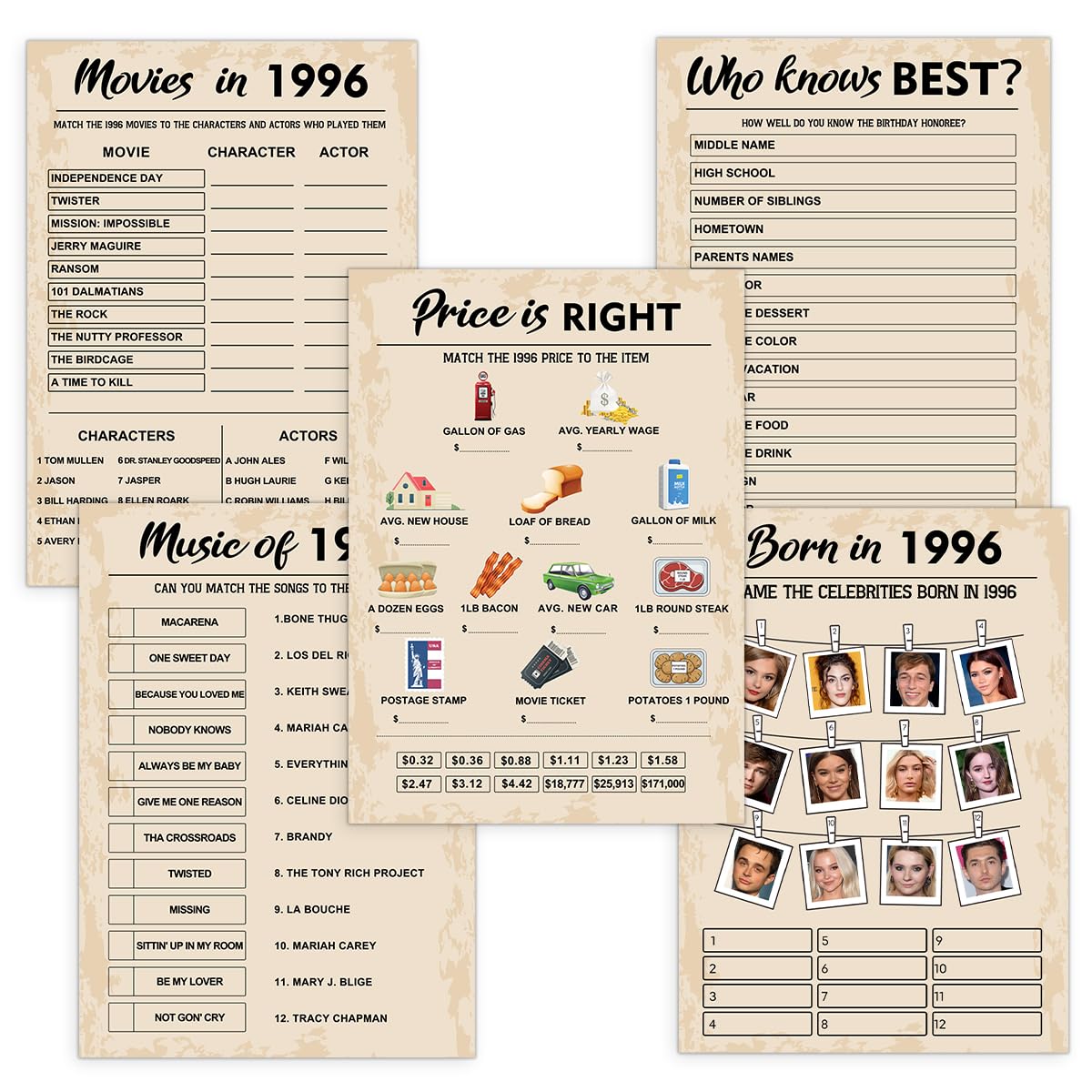 QUPT 30th Birthday Party Games, Set of 5 Activities for 10 Guests, Born in 1996 Games Bundle, Birthday Party Supplies for Adults, Pack of 50 Cards