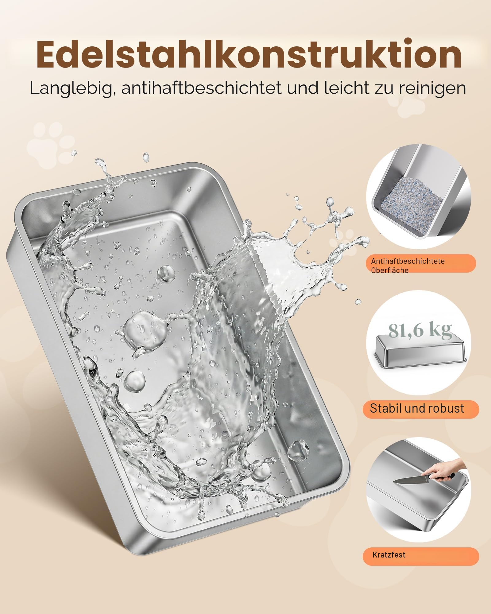 Katzenklo Edelstahl, Katzentoilette Groß XXL mit Schaufel, Katzenklo mit Abnehmbares Hoher Rand, Halbgeschlossene Katzentoilette Metall für Katzen, Geruchsfrei, Leicht zu Reinigen, Hellgrau