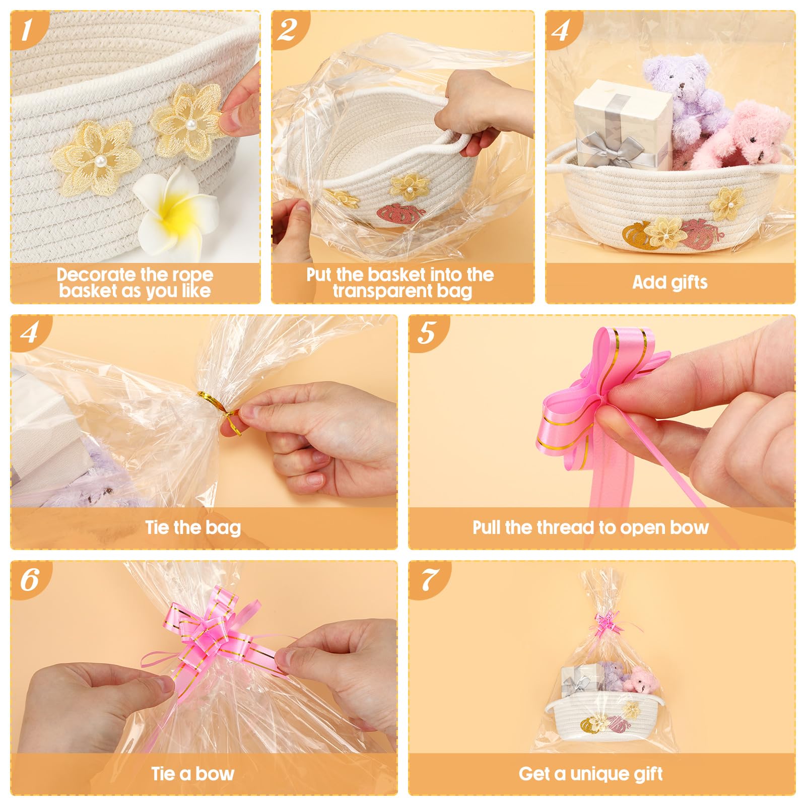 Wesiti 6 Pieces Empty Gift Basket with 10 Shrink Wrap Bags and 12 Bows, Woven Basket with Handles, White Rope Basket for Storage Wedding Birthday Party Baby Shower Christmas Graduation Holiday