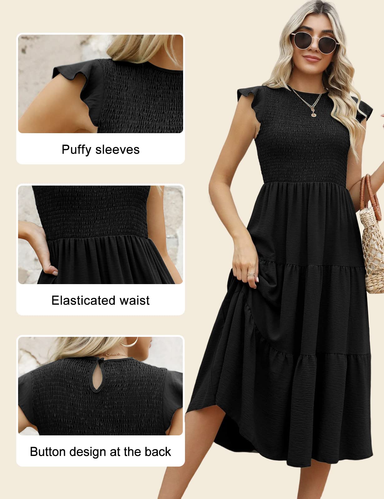 Yuson Girl Vestito Estivo Lungo Donna - Abito Estivo Lungo Collo Rotondo Ragazza con Manica a Volant Vestiti Casuale Eleganti Colori Solidi Abiti Estivi Donna Lunghi