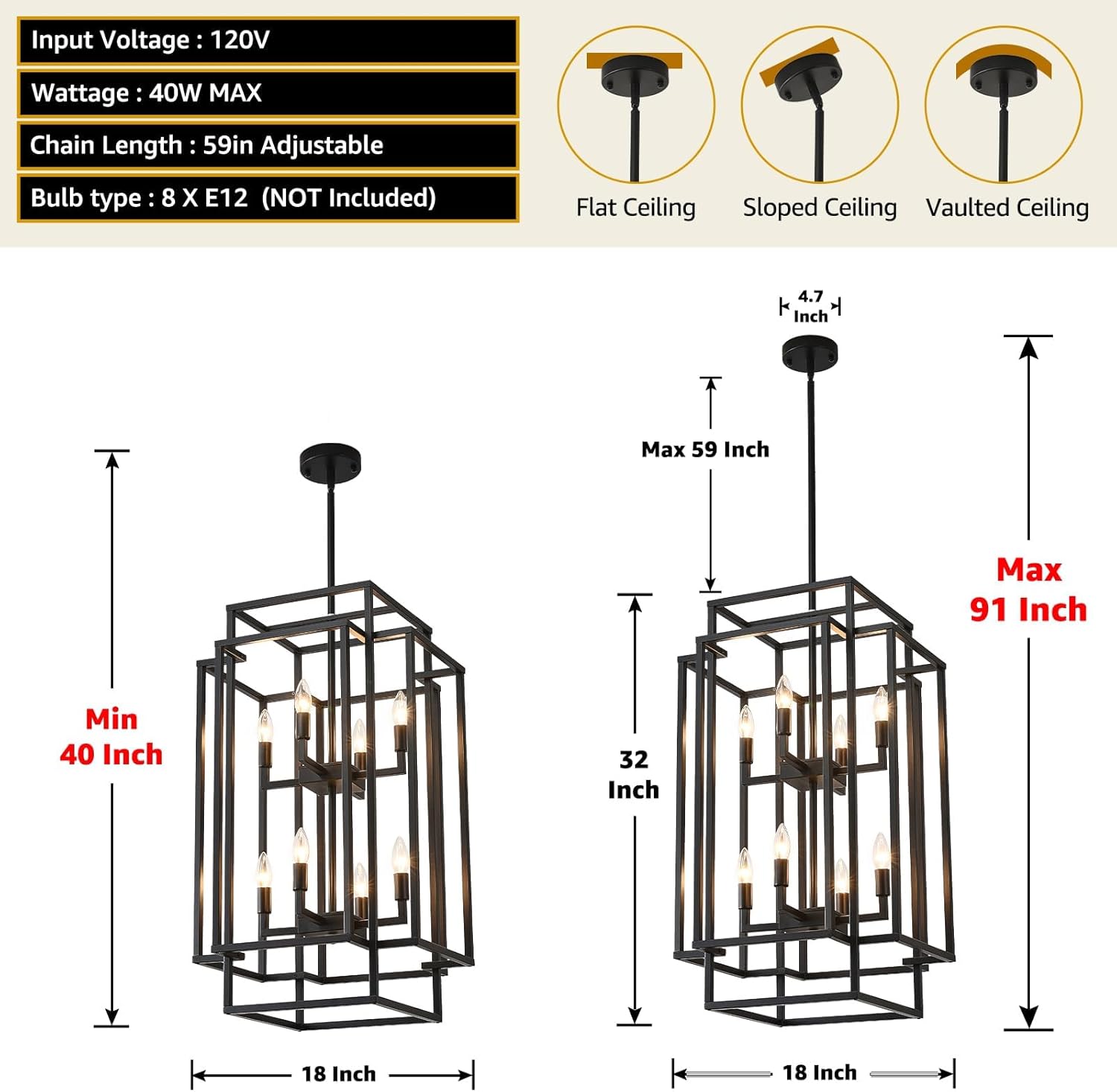 32''H 8-Lights Black Lantern Tiered Pendant Light Fixtures, Entryway Chandelier for Foyer, Farmhouse Hanging Chandelier for Kitchen Island, Dining Room, Porch