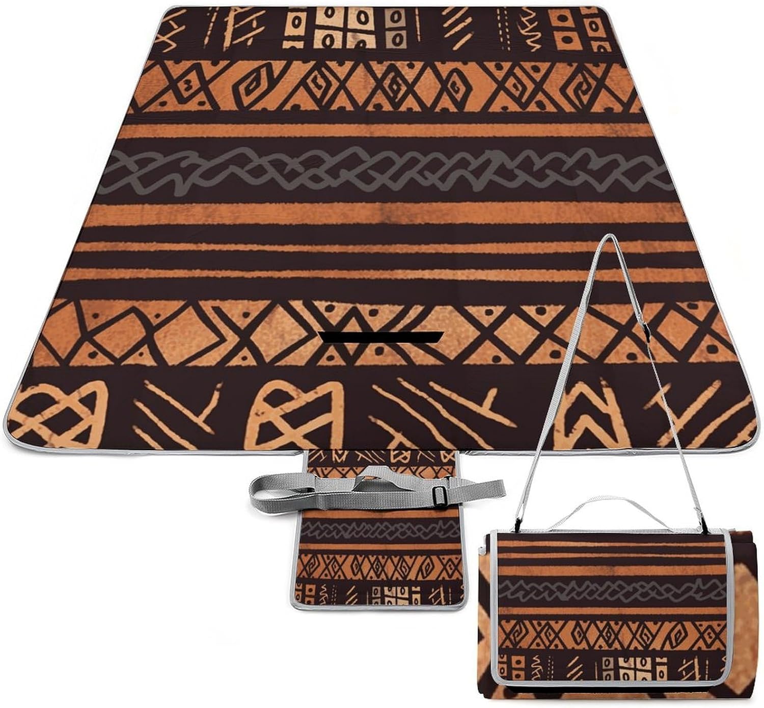 African Mud Cloth Tribal Waterproof Picnic Blanket 58.3''x58.3'',Portable and Foldable Picnic Mat with Handle,Outdoor Blankets for Lawn Park Beach Travel