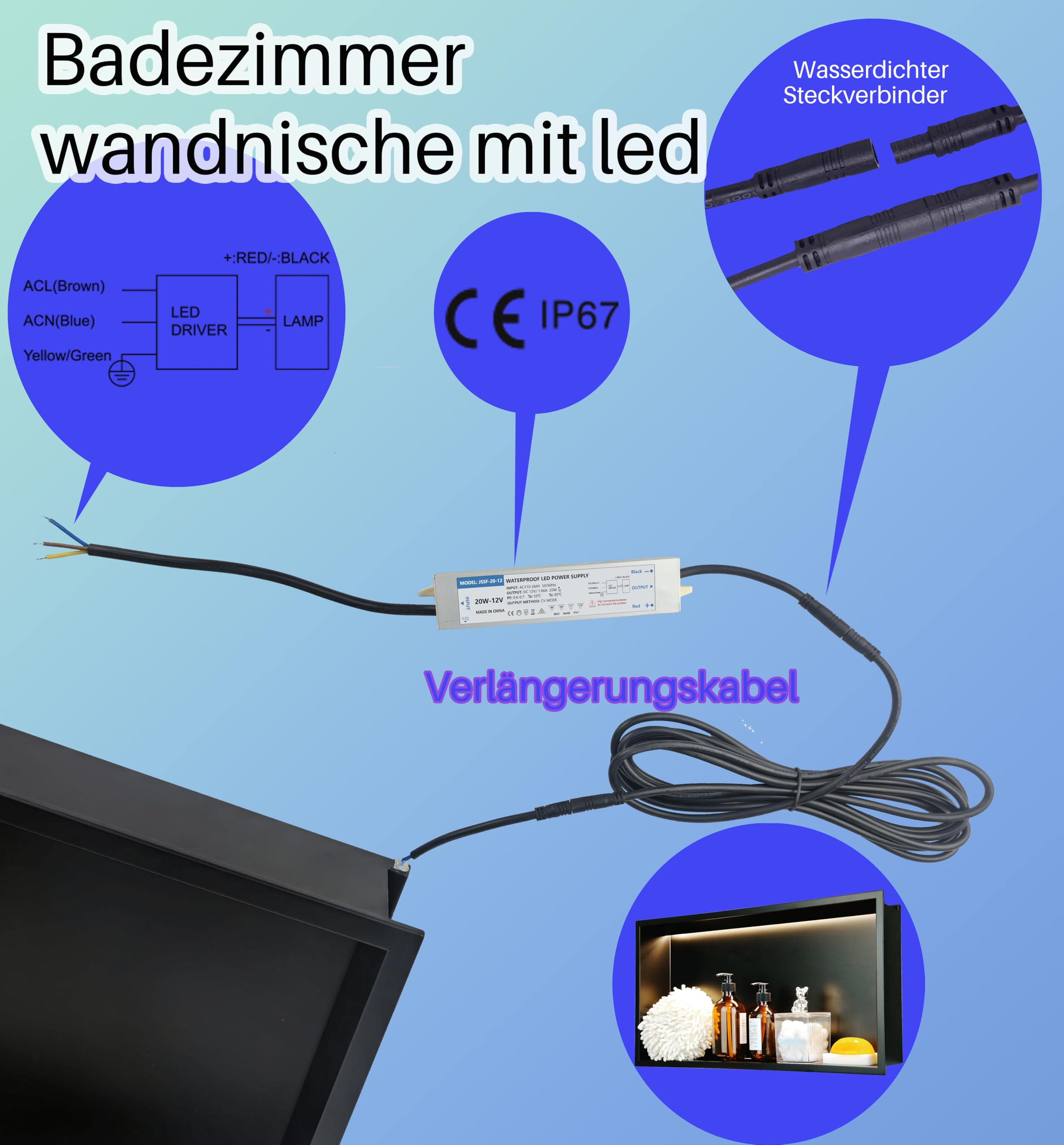 LED Edelstahl Einbaunische Wandnische für Dusche，Integrierte Fliesenlose Duschablage aus Rostfreiem Edelstahl, Badezimmer-Aufbewahrung für Shampoo & Duschgel (Matt schwarz, 60X30cm)