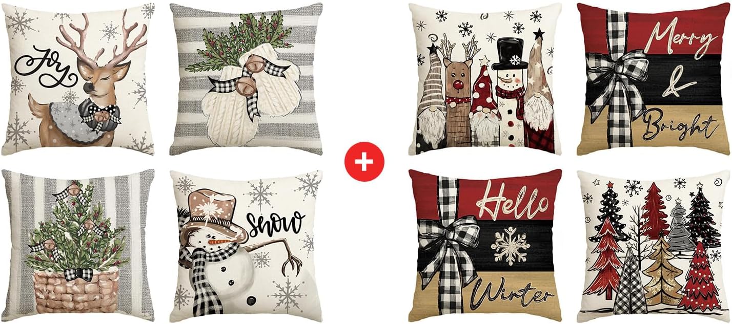 AVOIN colorlife Merry Christmas Snowman Reindeer Gloves Eucalyptus Throw Pillow Covers, 18 x 18 Inch Cushion Case for Sofa Couch Set of 8