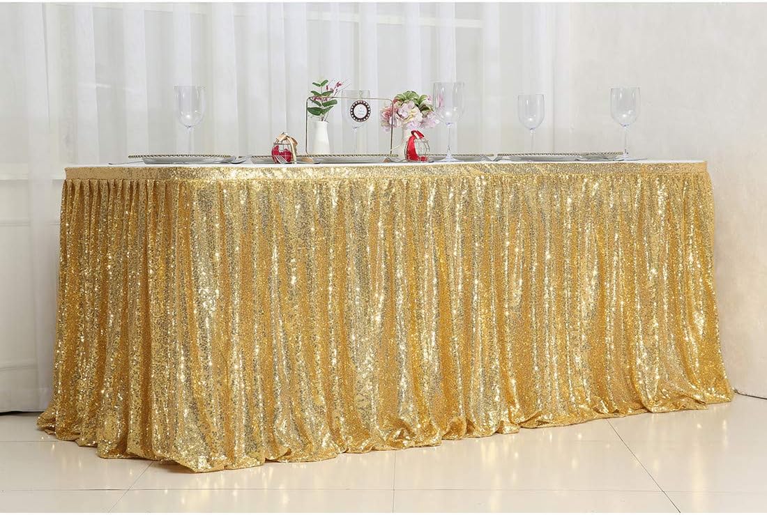 Suреr Brаndѕ Juya Delight Sequin Table Skirt Rectangle Round Table Cover for Party Wedding Baby Shower Decoration（Bright Gold，L 9(ft) H 30in ）