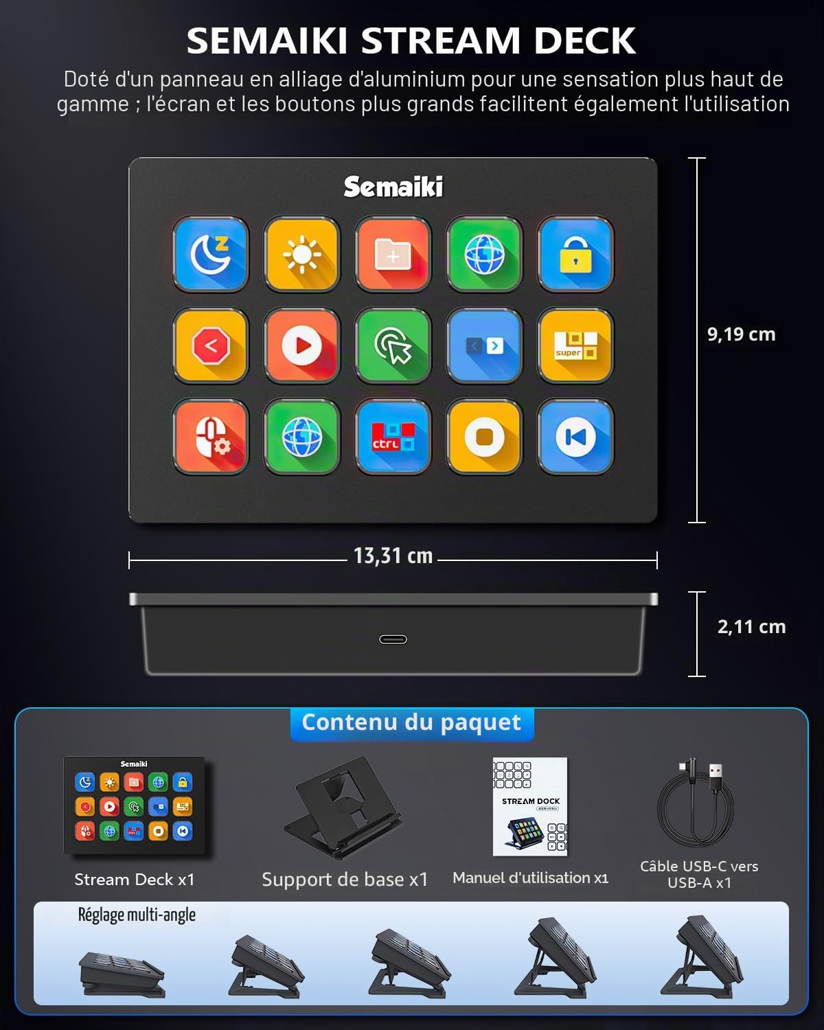 Semaiki Stream Controller Clavier macro avec 15 touches macro LCD personnalisables, déclenche des actions dans les applications et les logiciels tels que OBS, Twitch, Streamlabs, Discord, Mac et