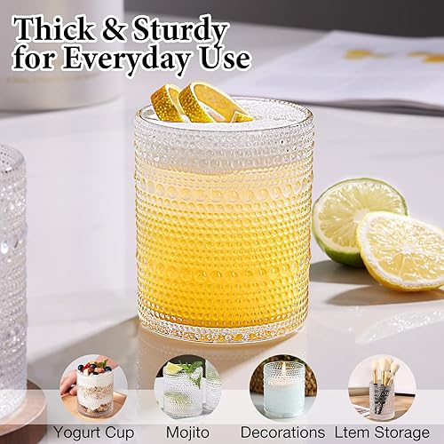 Miniatura 5 de Hobnail - Juego de 8 vasos de vidrio transparente de 15 onzas y 4 vasos de cóctel de 12 onzas, juego de cristalería vintage en relieve para whisky,