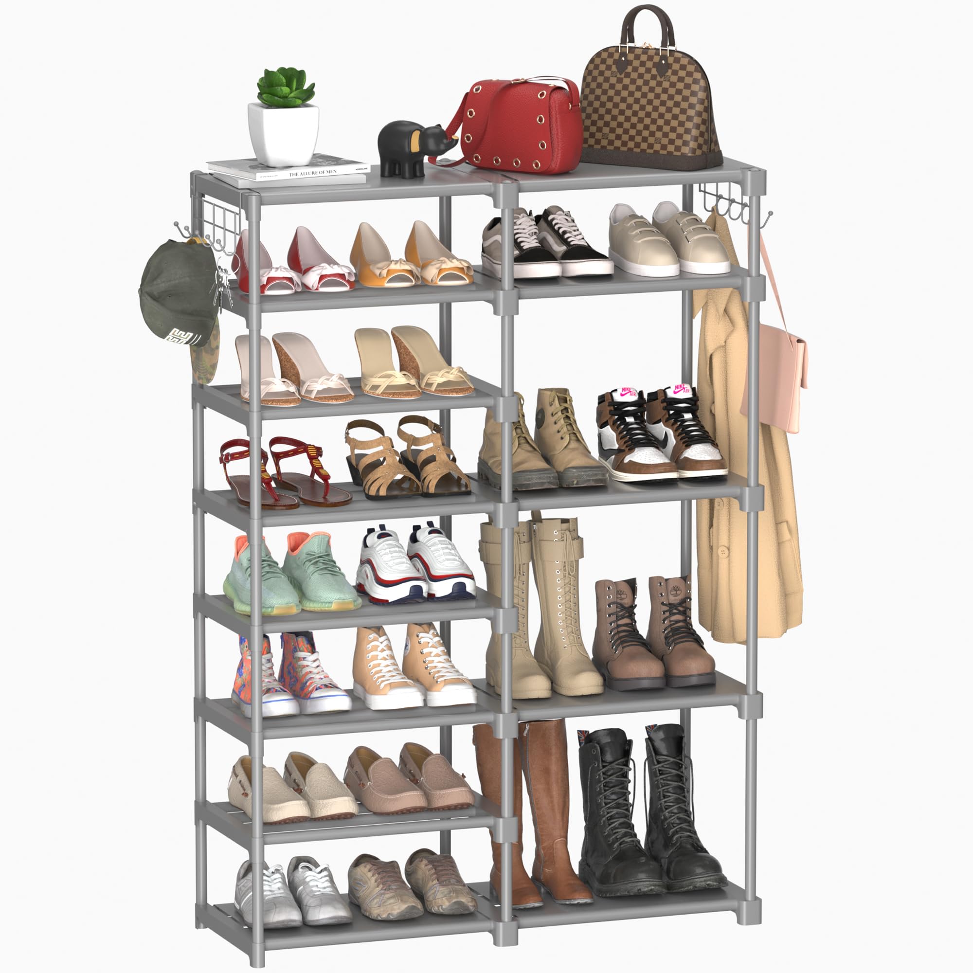 TIMEBAL Grey 8-Tier Shoe Rack Storage Organizer, 25-28 Pairs Shoes Shelf Organizer, Removable & Dust Large Stackable Shoe Rack for Boot & Shoe Storage