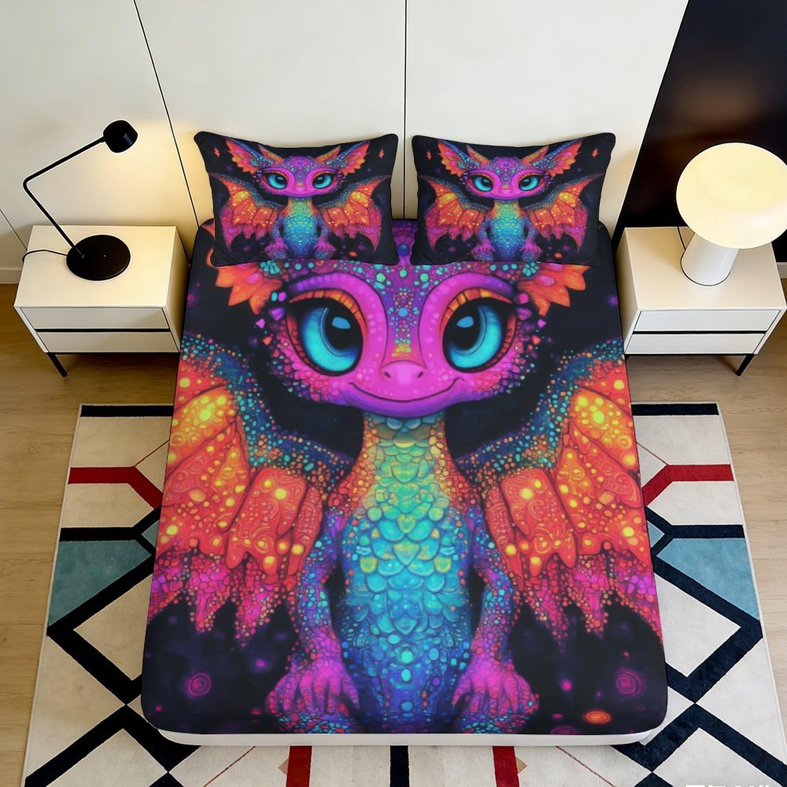 Pnayamiorkfel Style-10 3D Printed Neon Fantasy Dragon Fitted Sheet Microfiber Soft Colorful Art Bed Cover For Bedroom Dorm Decor 90X200x25cm