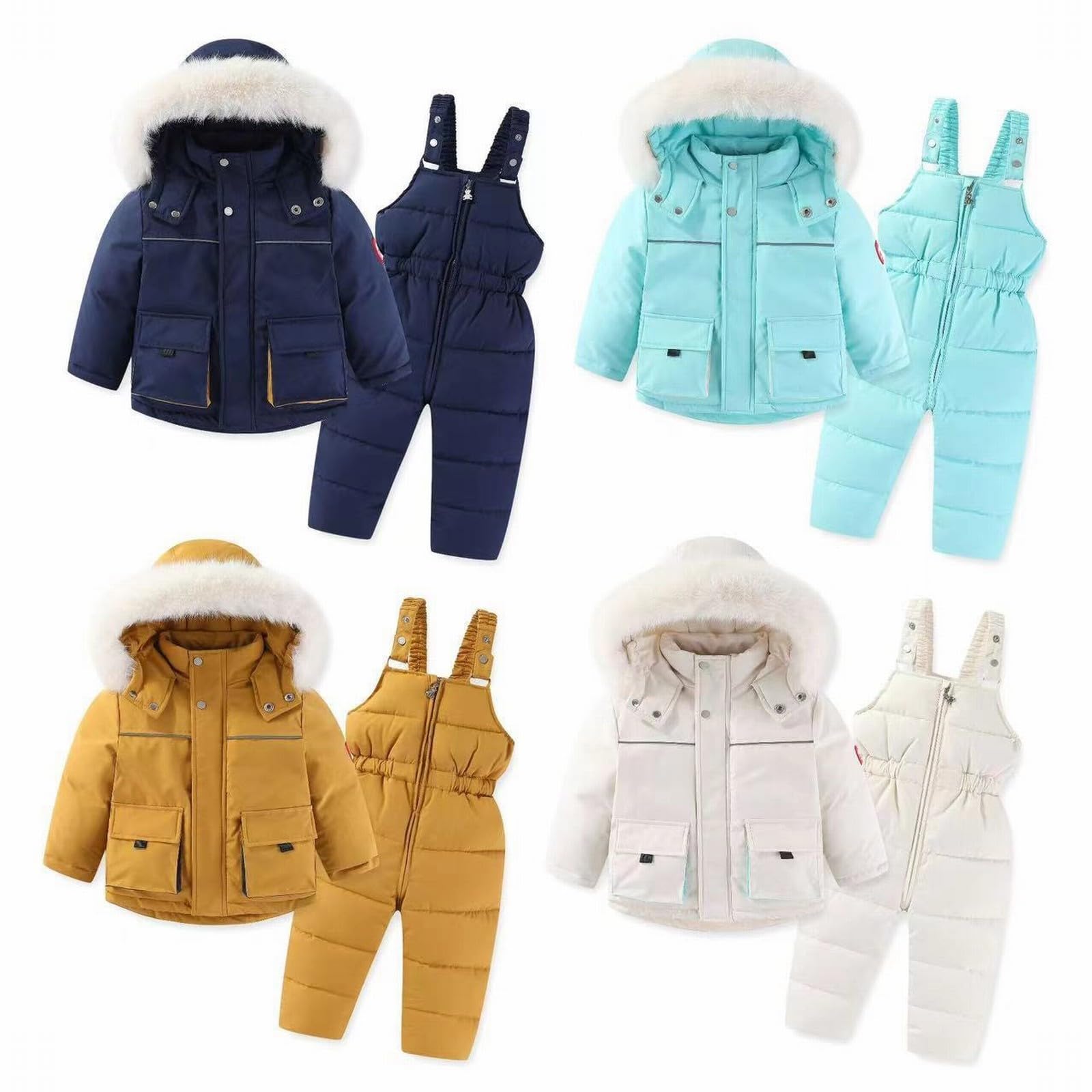 RNTOP Baby Boys Girls Two Piece Snowsuit Kids Toddler Winter Outfits Down Coat with Furry Hood Puffer (White, 4-5 Years)