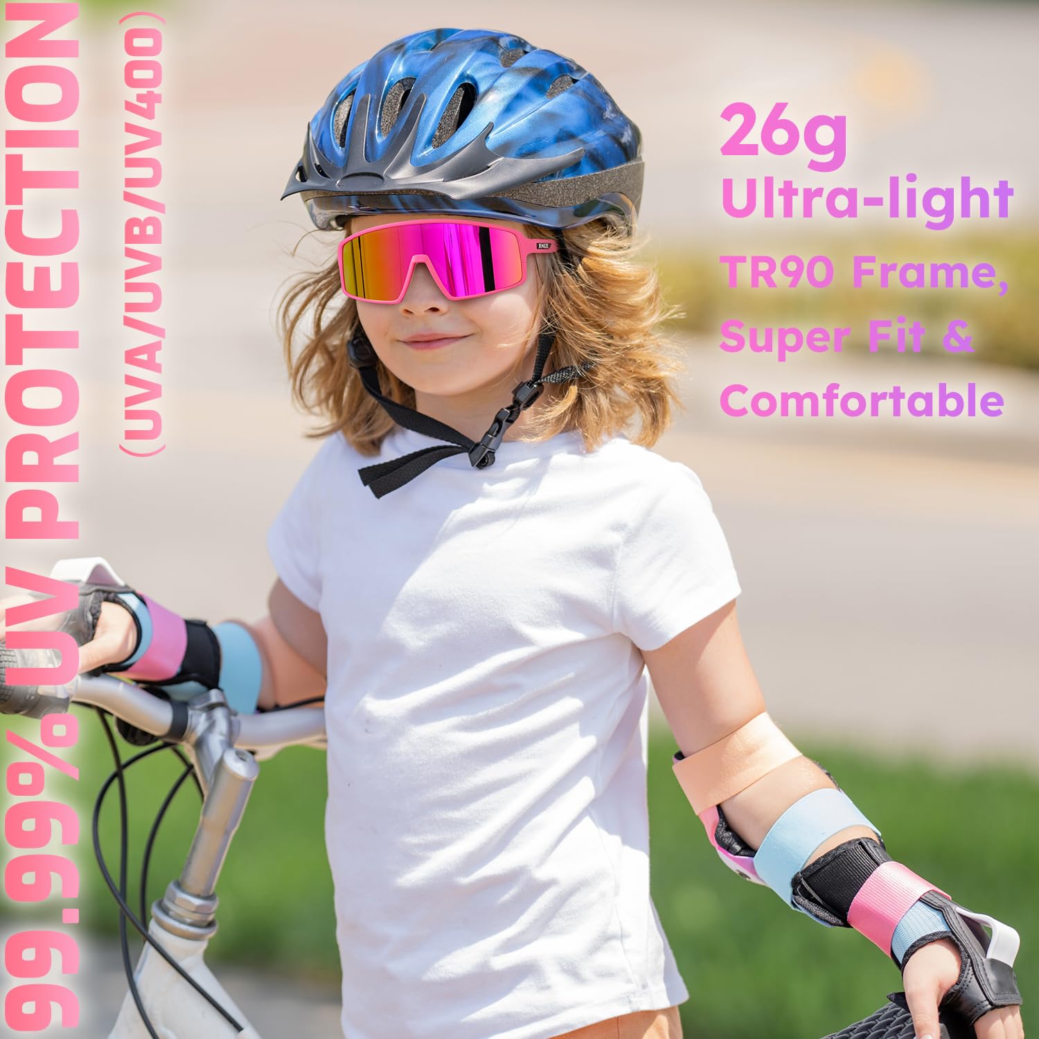 IKSII Kids Sunglasses for Girls 8-14,UV400 Protection Youth Baseball Sunglasses,Running Sun Glasses for Women Men,Pink Sports Softball Biking Cycling Glasses