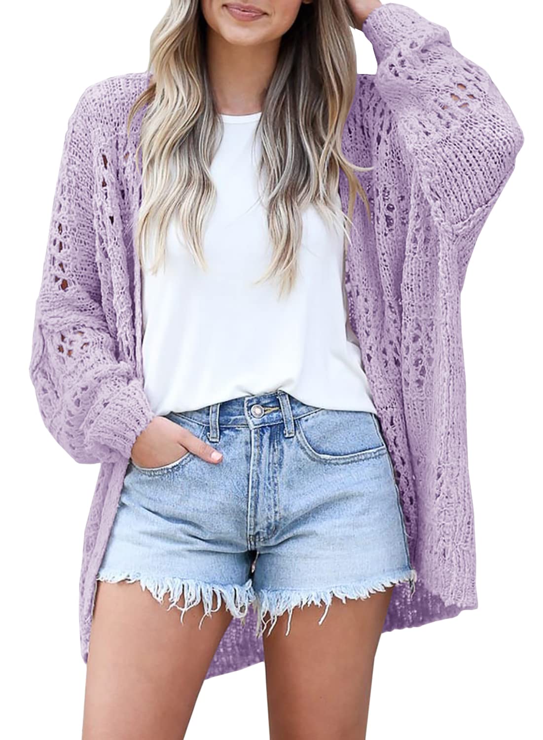 Mafulus Women's Crochet Cardigan Kimono Boho Long Sleeve Lightweight Soft Oversized Open Front Knitted Sweater