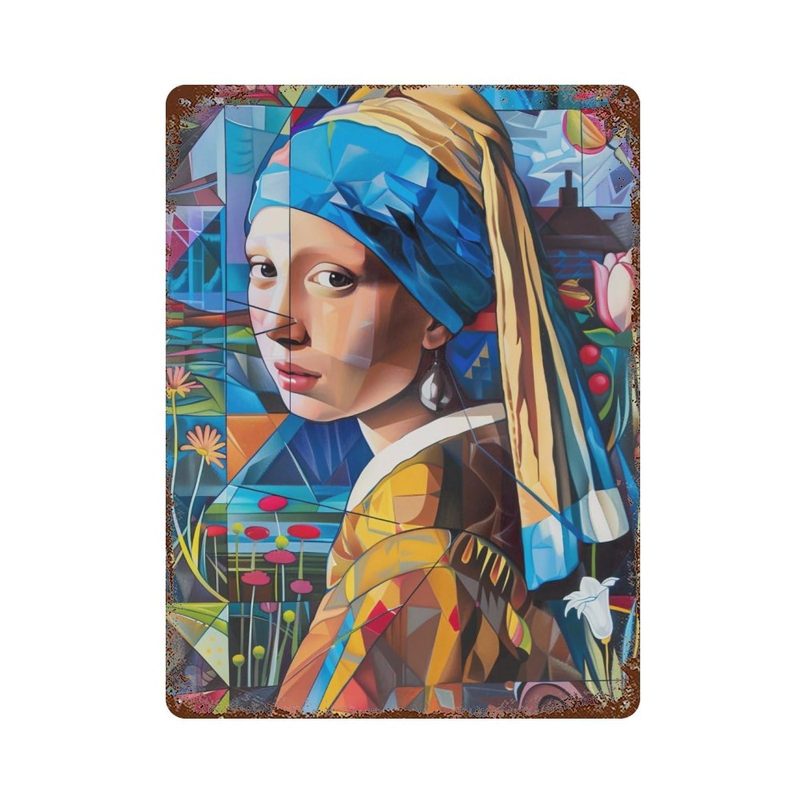 FHUYEURHRY Geometric Cubist Girl with A Pearl Earring 01 Wall Decor Retro Iron Vintage Art Metal Tin Sign Poster Modern Home Cofffee Club Art Bar Shop Decorations Style-22 40x30cm