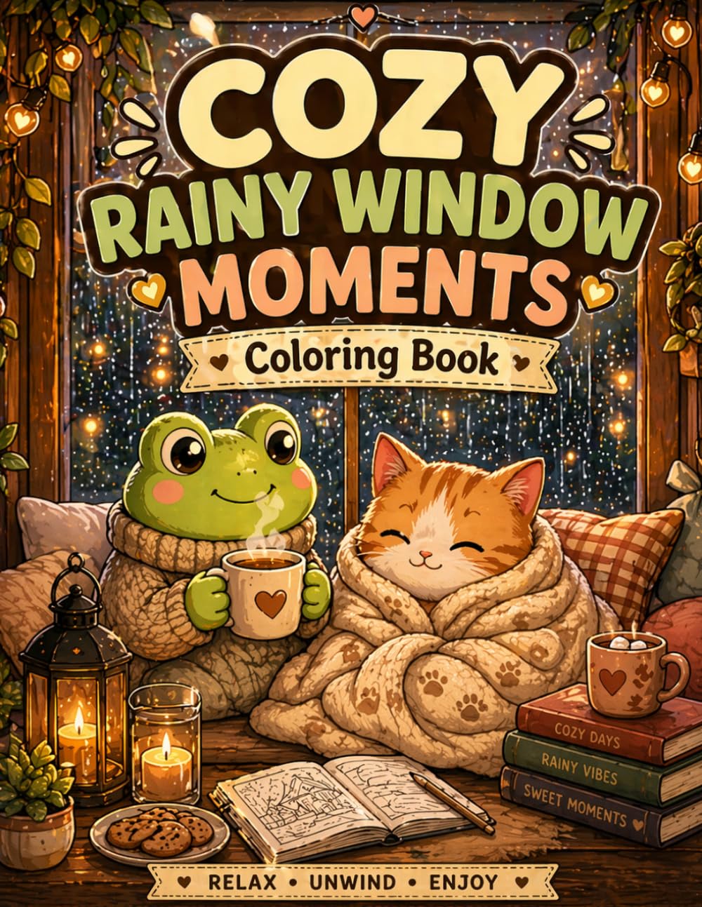 Cozy Rainy Window Moments Coloring Book | Cute Frog & Cat Cozy Scenes | Relaxing Hygge Coloring Pages for Adults & Teens: Cozy Rainy Window Moments