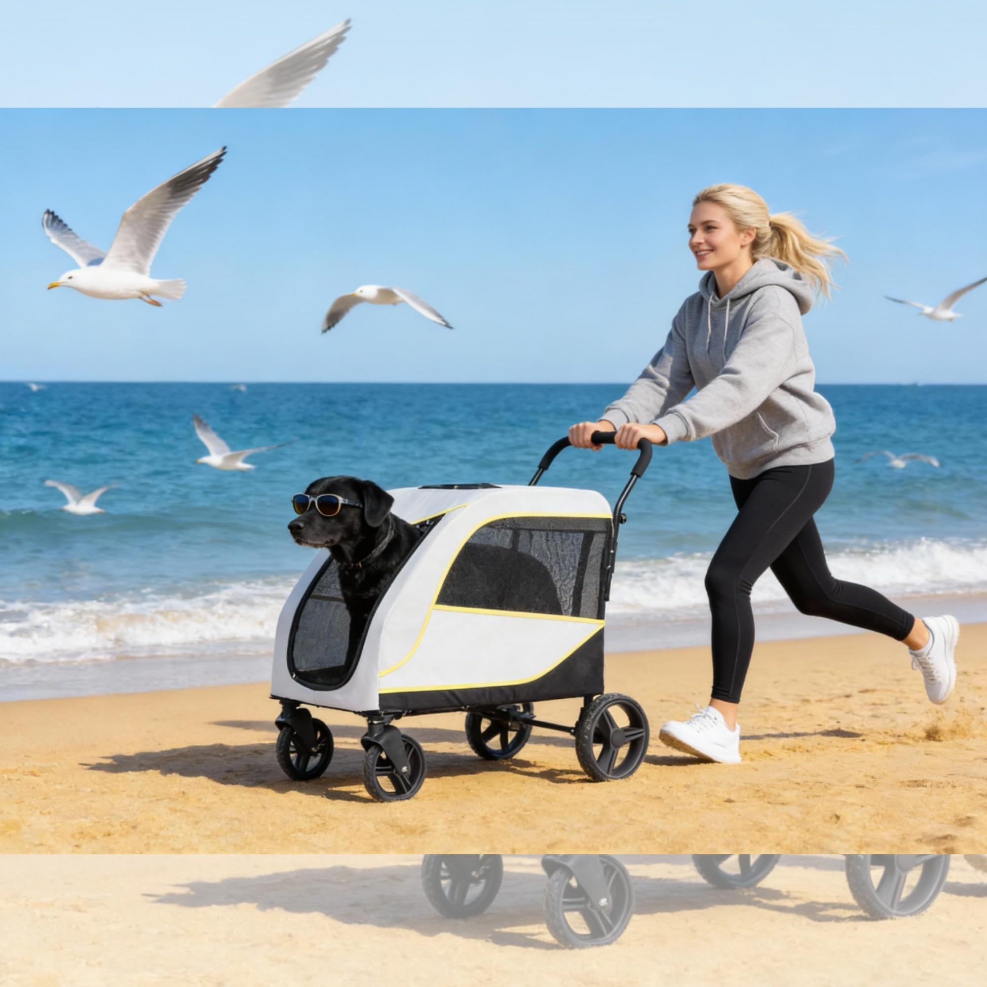 Aptliton Grande poussette pour chien jusqu'à 50 kg – Poussette pliable pour chien avec rampe intégrée, fonction poussée et traction 2 en 1, roues tout terrain, jogging sportif pour grands et vieux