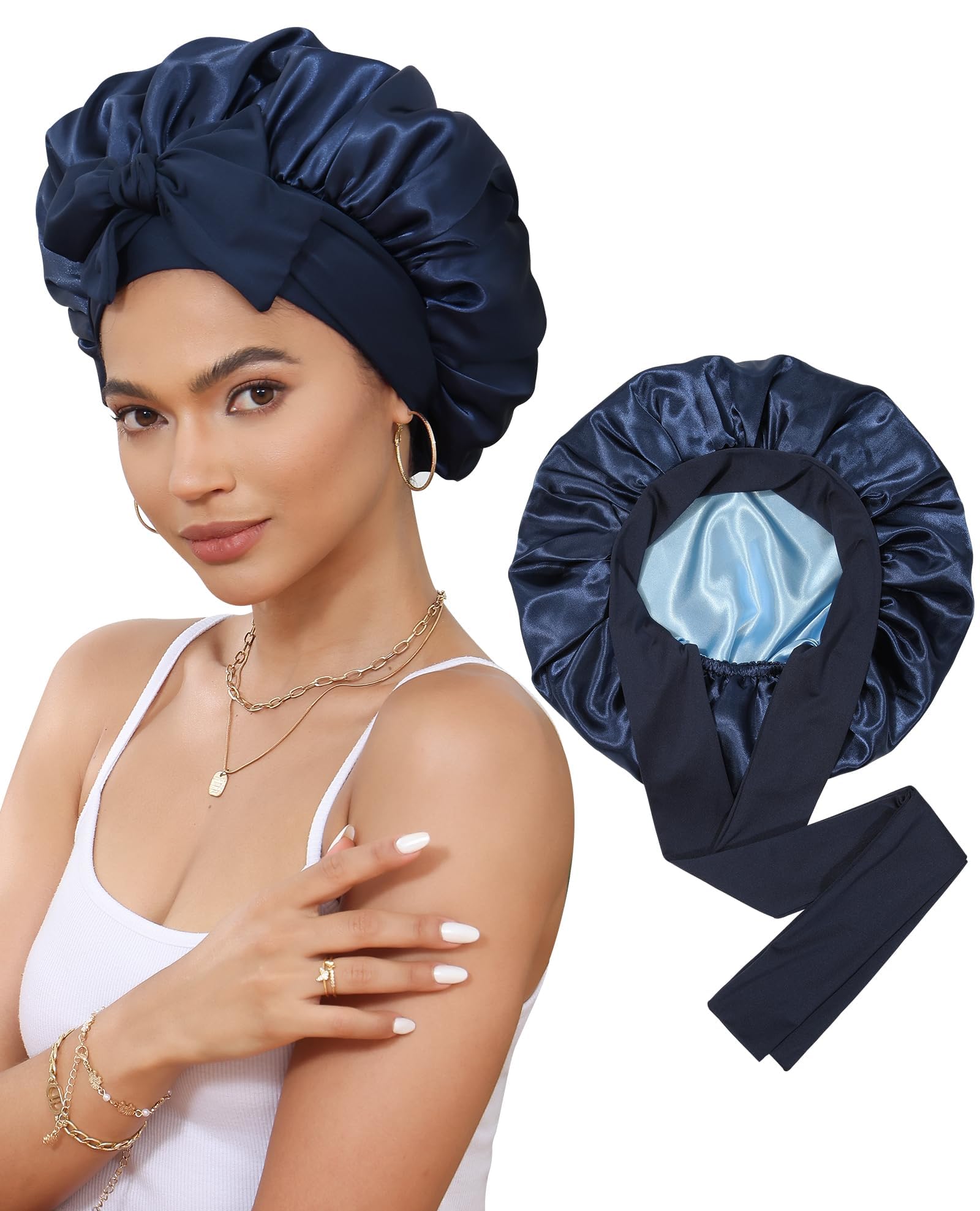 Satin Silk Bonnet for Sleeping - Double Layer Hair Cap with Elastic Tie Band for Curly Hair Night Protection