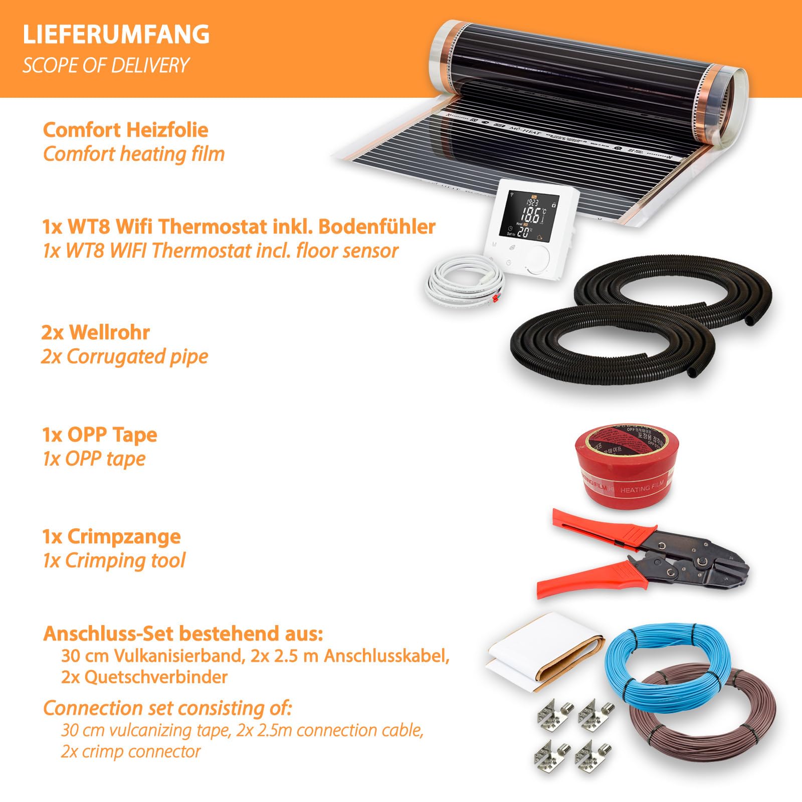 Calefacción eléctrica por suelo radiante 130 W/m² – Juego completo de 5,0 m² con termostato inteligente WiFi – calefacción por suelo radiante eléctrico para laminado, parqué, vinilo sobre placa de