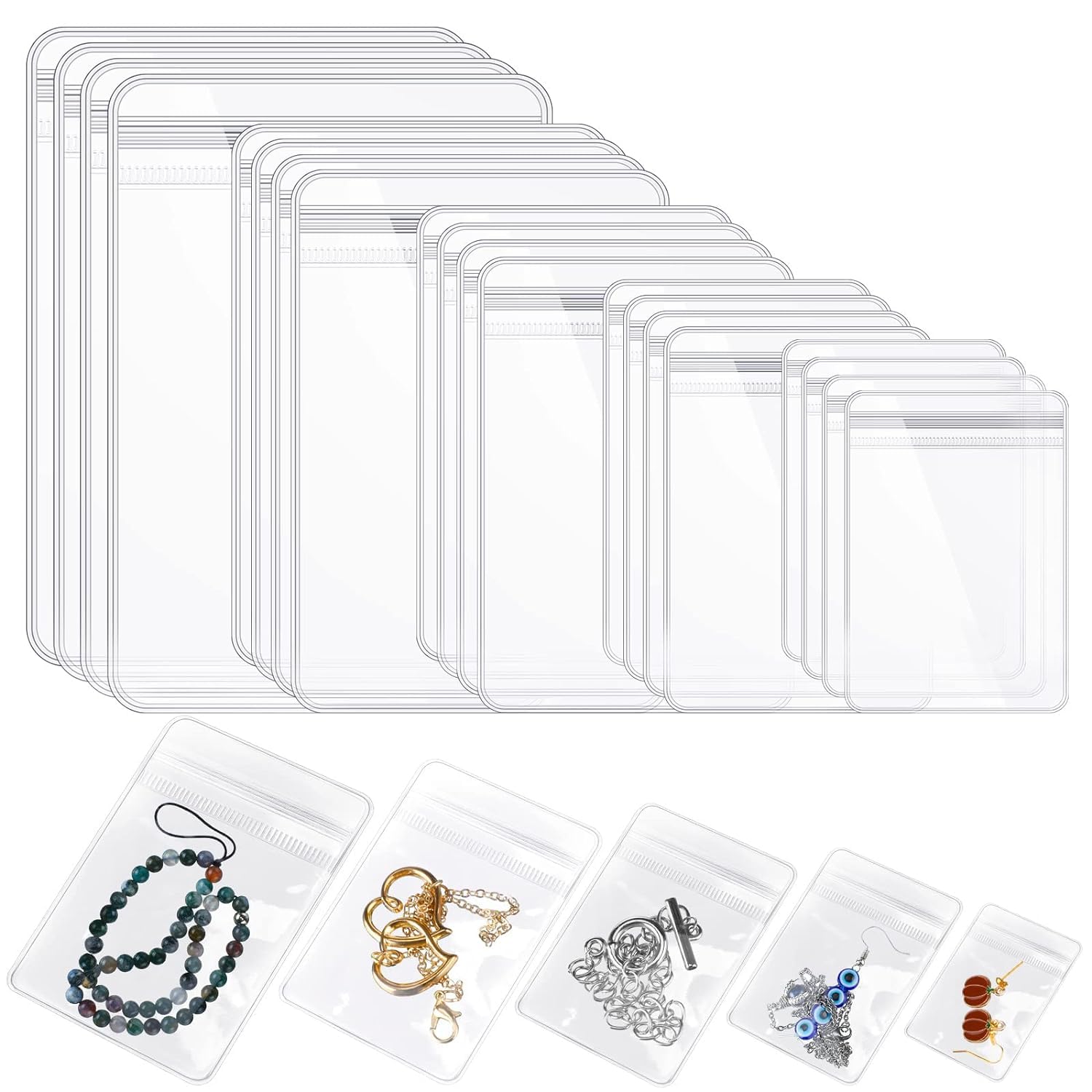 Aowin 100Pcs Jewelry Bags,Small Plastic Bags for Jewelry,Self Seal Plastic Zipper Bag,Jewelry Organizer,Clear PVC Zipper Lock Bags,Transparent Sealable Jewelry Storage Bags for Rings Earrings(5 Sizes)