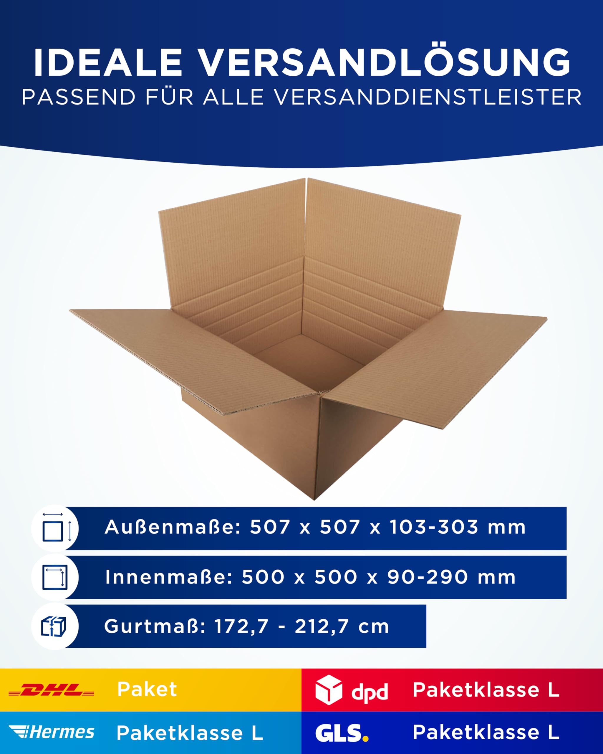 KK Verpackungen® Faltkartons | 10 Stück, 500x500x290mm, Zweiwelliger Versandkarton mit variabler Höhe | Versandverpackung aus stabiler 2.40 BC Wellpappe