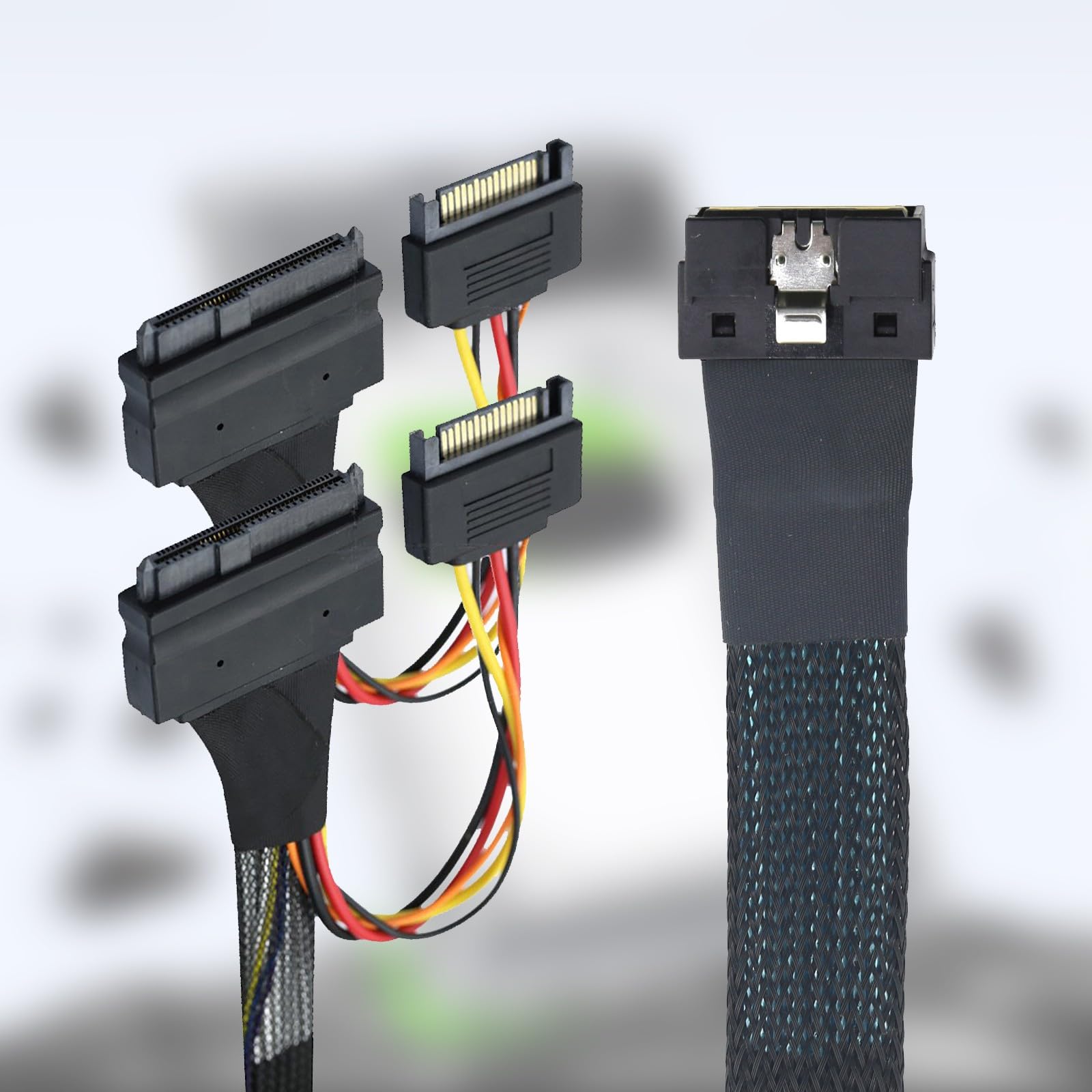 XAGMODSHN SFF 8654 8I to 2X SFF 8639 Adapter with 15P SATAs Power NVME PCIe HDDs Cable for Stable Data Transfer