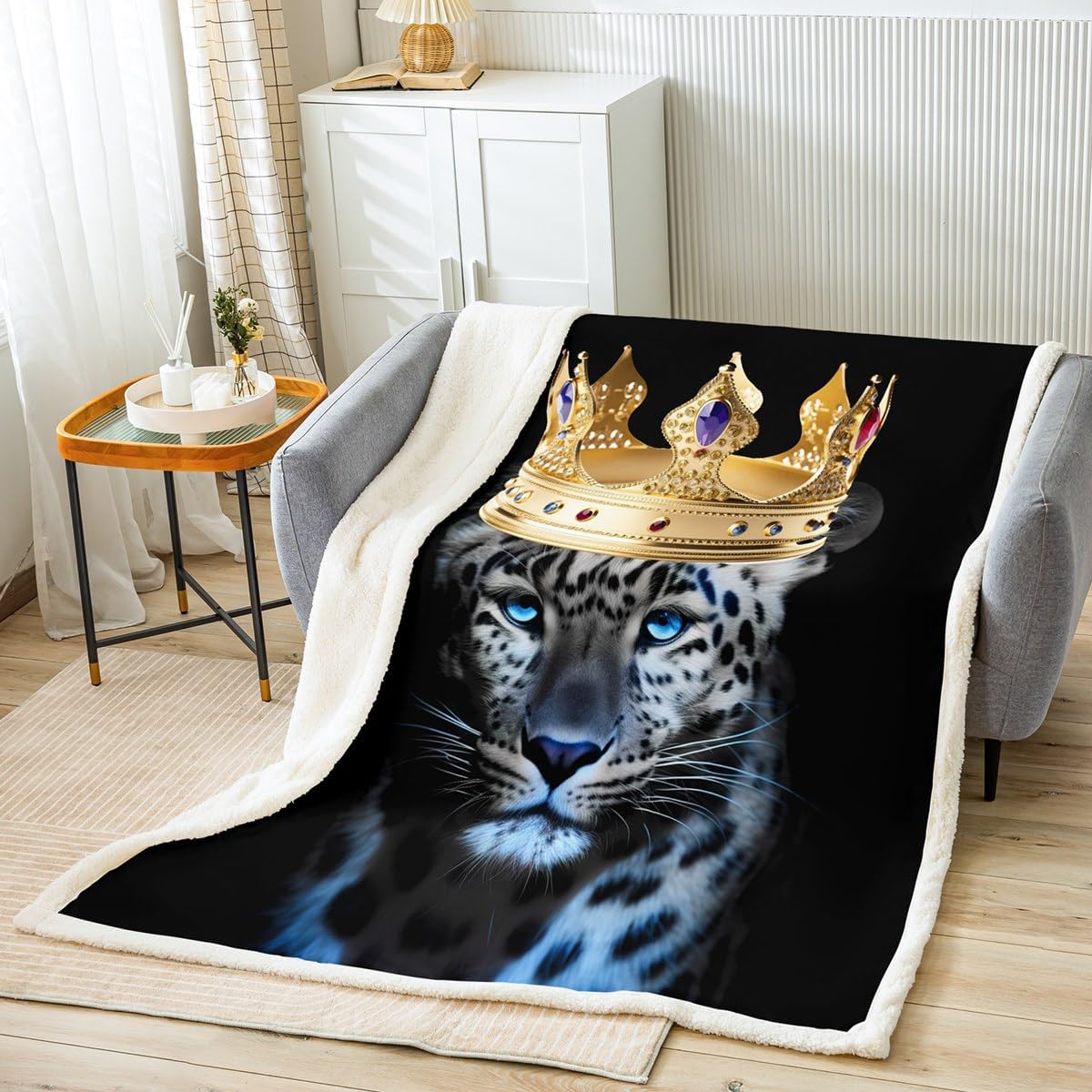 Wild Leopard Plush Blanket,African Tropical Cheetah Western Animal Bed Blanket Home Decor Gift,Golden Crown Print Black Modern Style Fuzzy Blanket Office Chair, X Size (40 x 50 Inch)