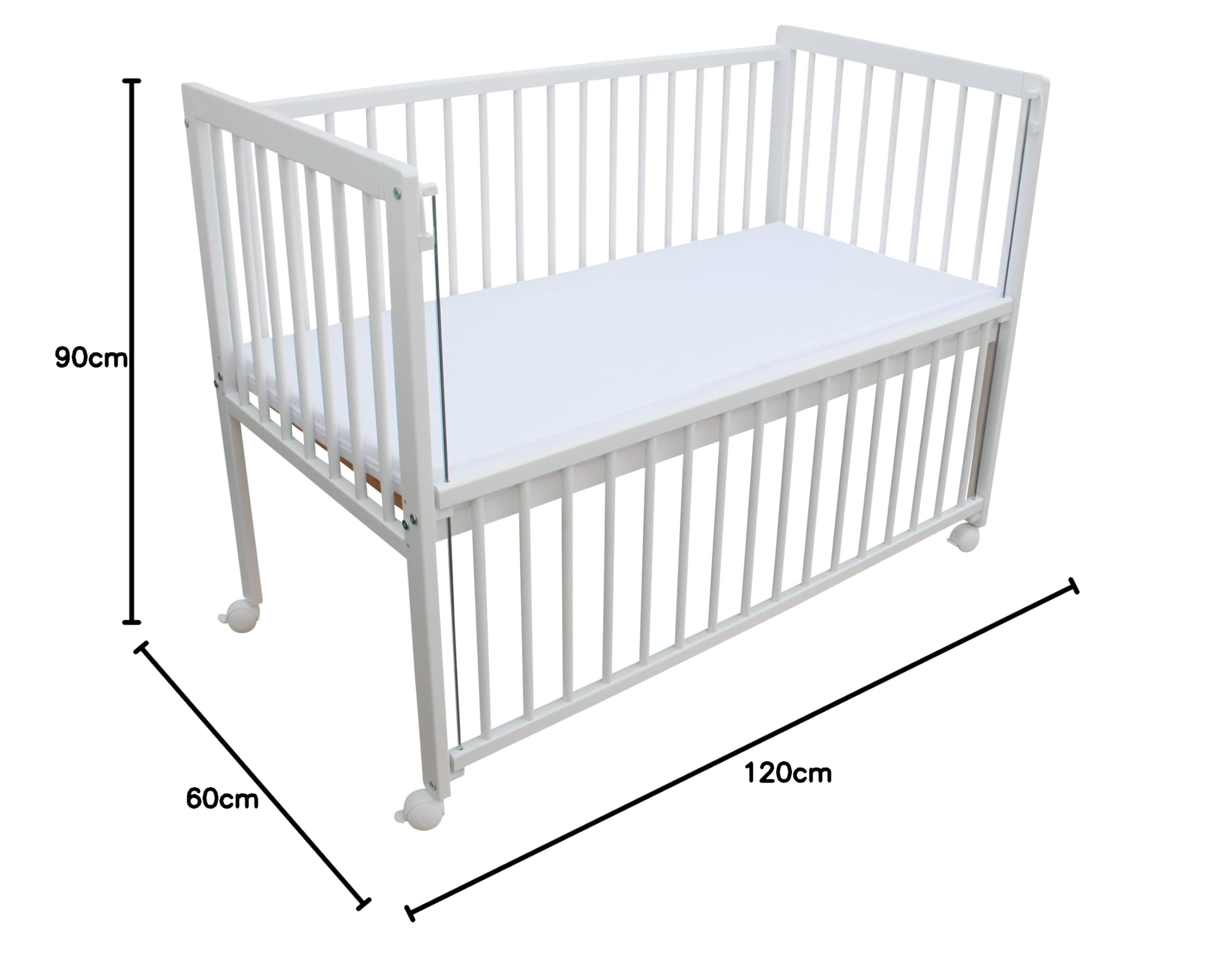 Micoland Kinderbett/Beistellbett/Wiege 3in1 120x60cm mit Matratze weiß