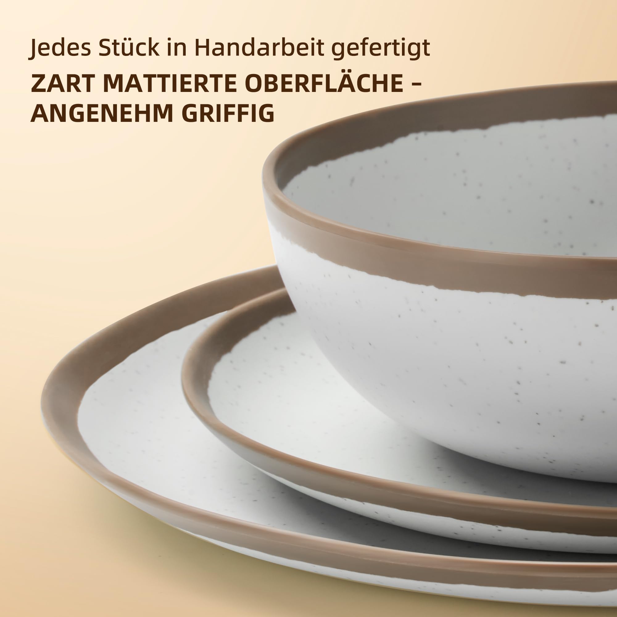 Melamin Geschirr Set 6 Personen,Camping Teller Set, Spülmaschinenfest Essgeschirr Set, Ideal für Outdoor,Wohnwagen & Gartenparty (Brauner Rand)