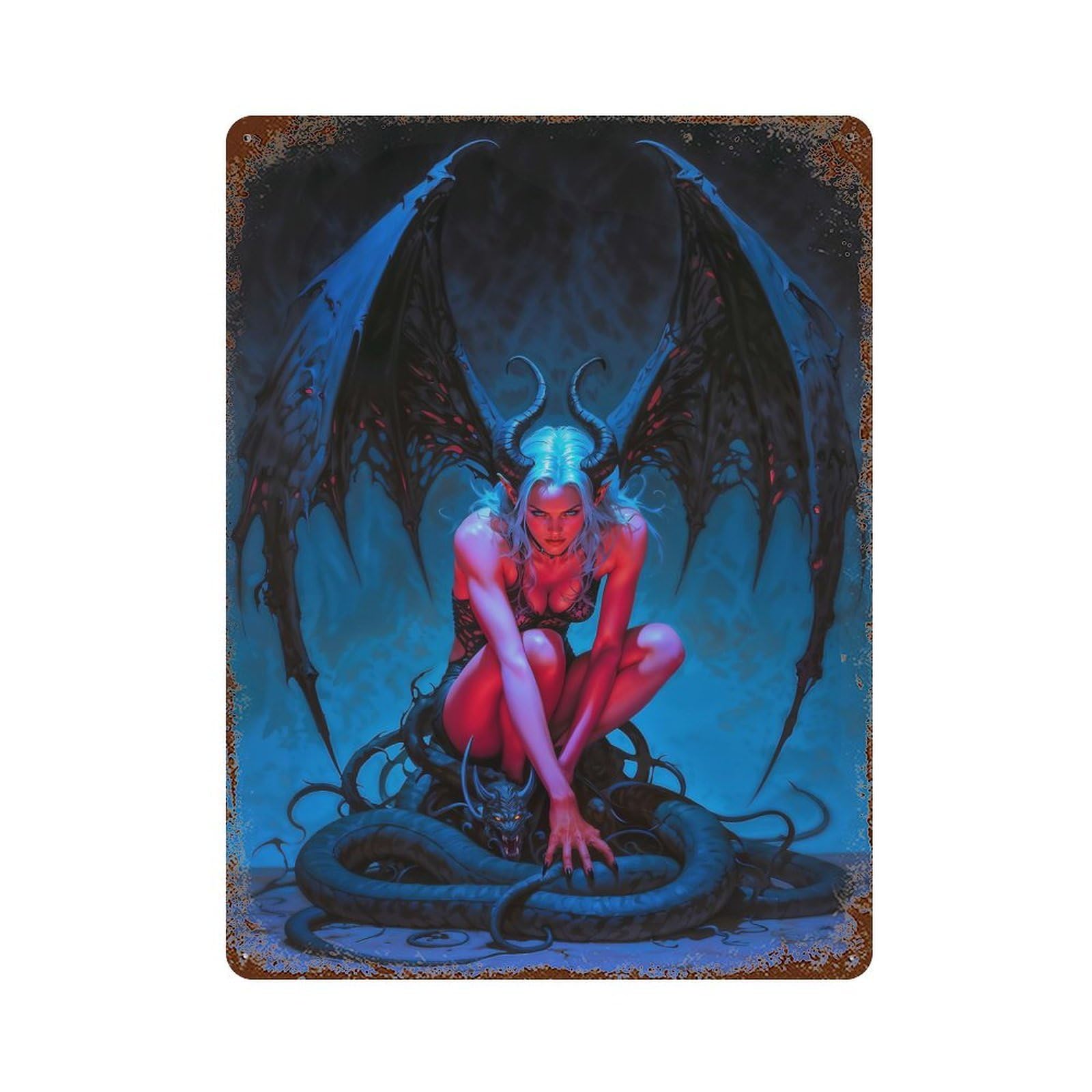Garage Style Winged Demonic Lilith with Serpent Rustic Tin Plaque 15.7"x11.8", Classic Wall Plaque for Bar And Workshop