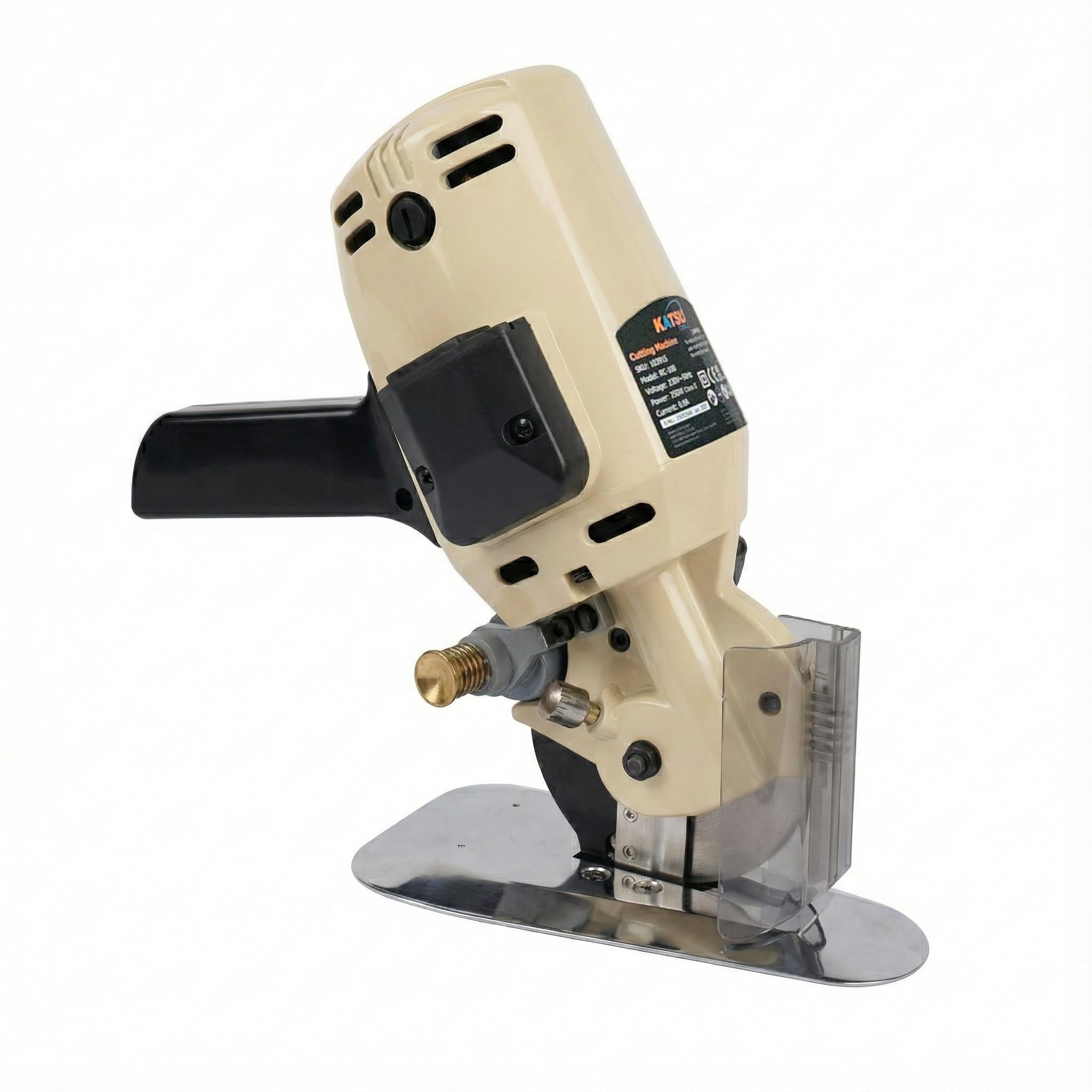 KATSU Taglierina Elettrica per Tessuti 220V 200W, Lama Diametro 100mm e 25mm Spessore di Taglio Massimo, Ideale per Tessile Pelle Taglio Carta, Lama Extra Inclusa 103915