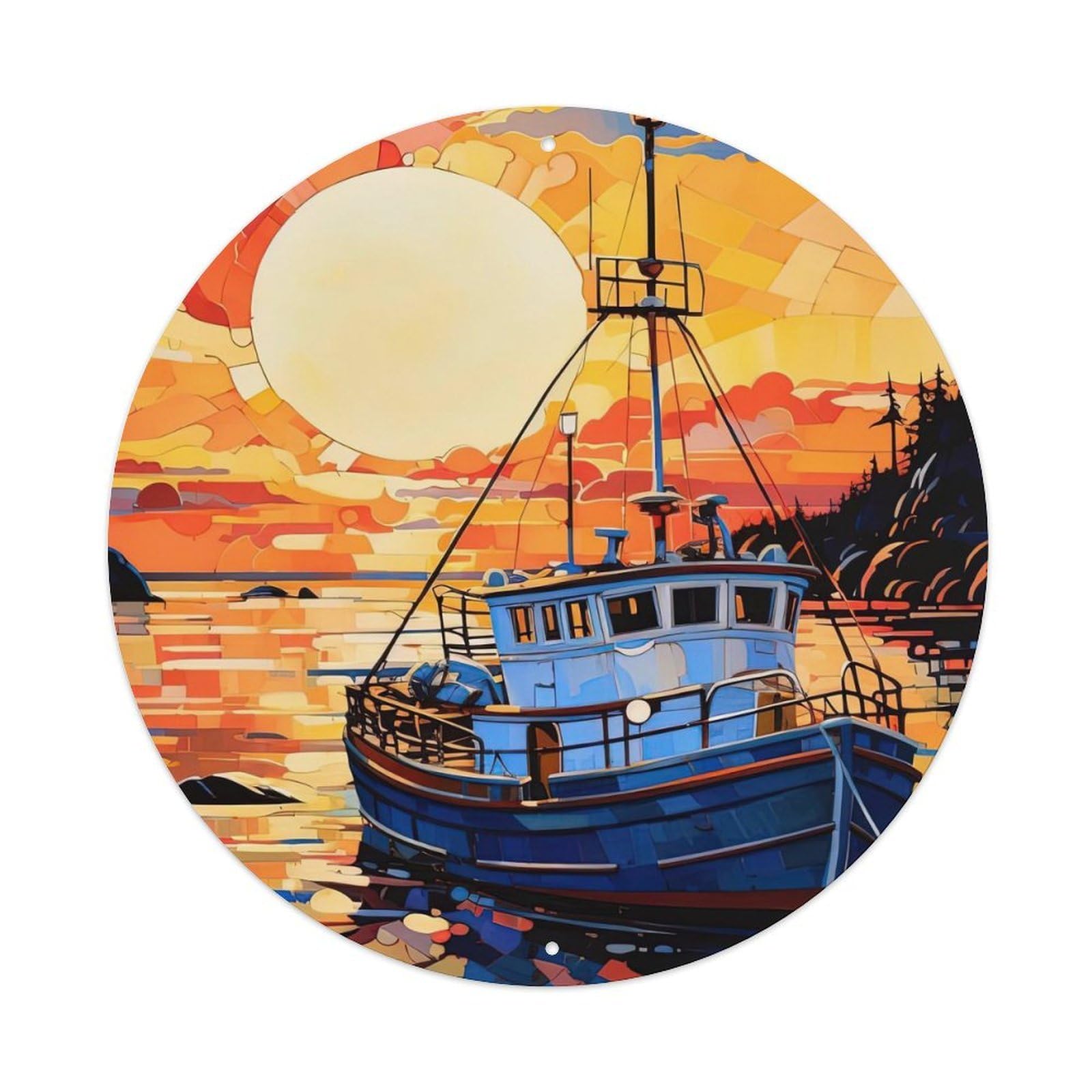 Nautical Fishing Boat Sunset Coastal Scene Poster Metal Tin Sign